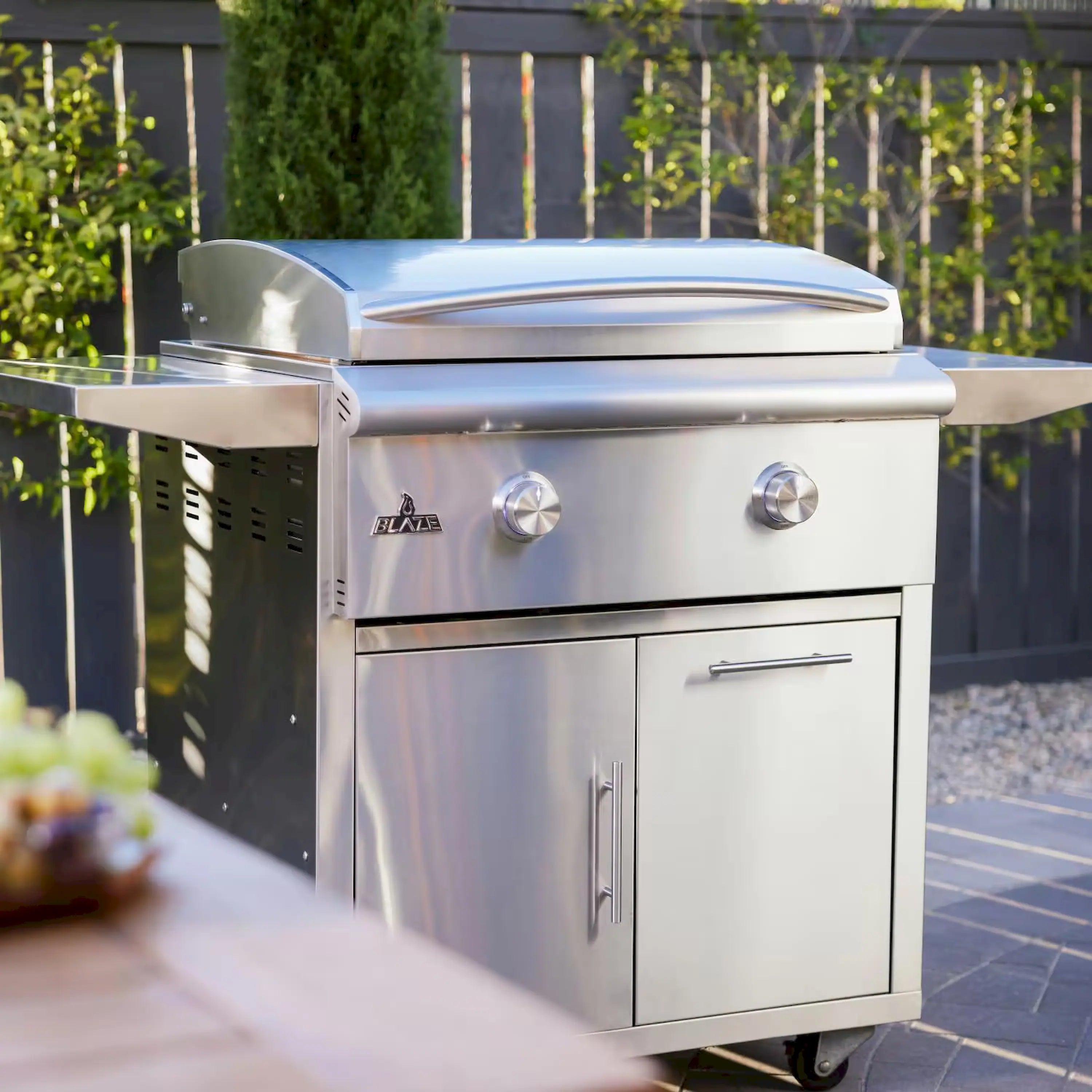 Stainless steel grill front with two control knobs, side shelf, cabinet doors