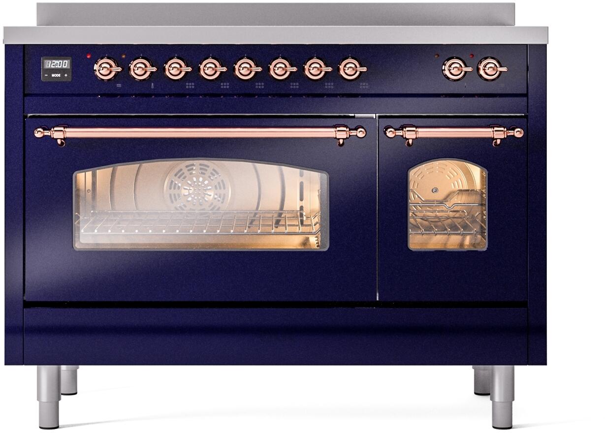 Freestanding electric induction range in midnight blue with copper trim and front controls