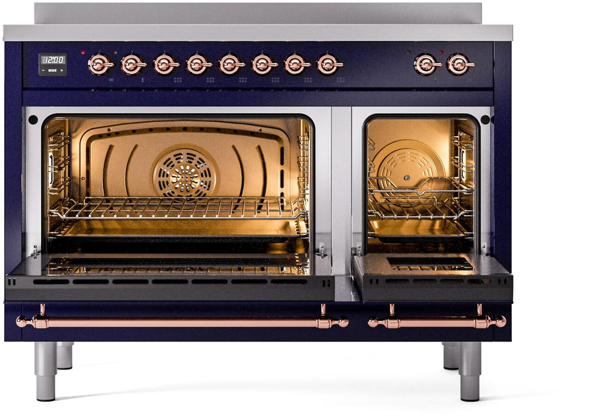 Midnight blue electric induction range with both oven compartments open and copper handles