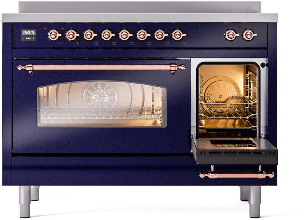 Midnight blue induction range with side oven door open and illuminated interior