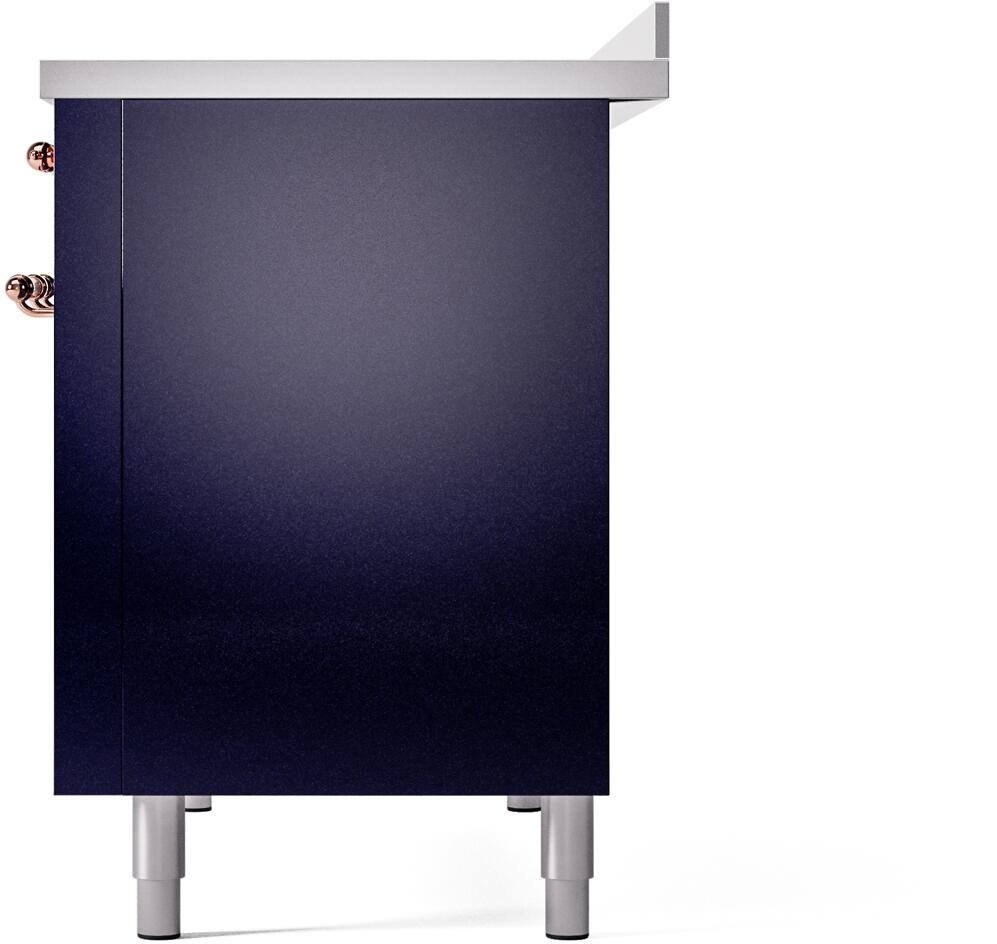 Midnight blue freestanding range side panel with copper handles and adjustable feet