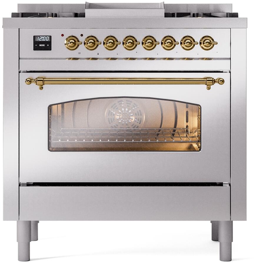 36-inch dual fuel freestanding range with stainless finish and brass control knobs