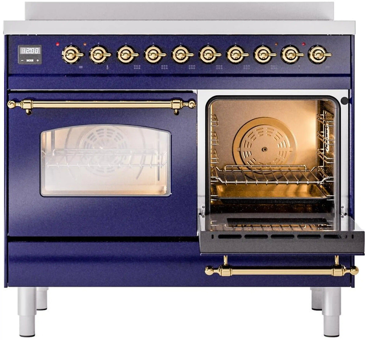 Freestanding electric range with one oven door open and one glass door closed, brass trim