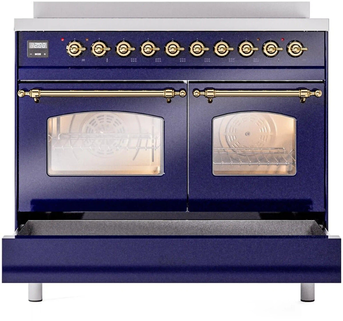 Midnight blue freestanding electric range with two closed glass doors and brass control knobs