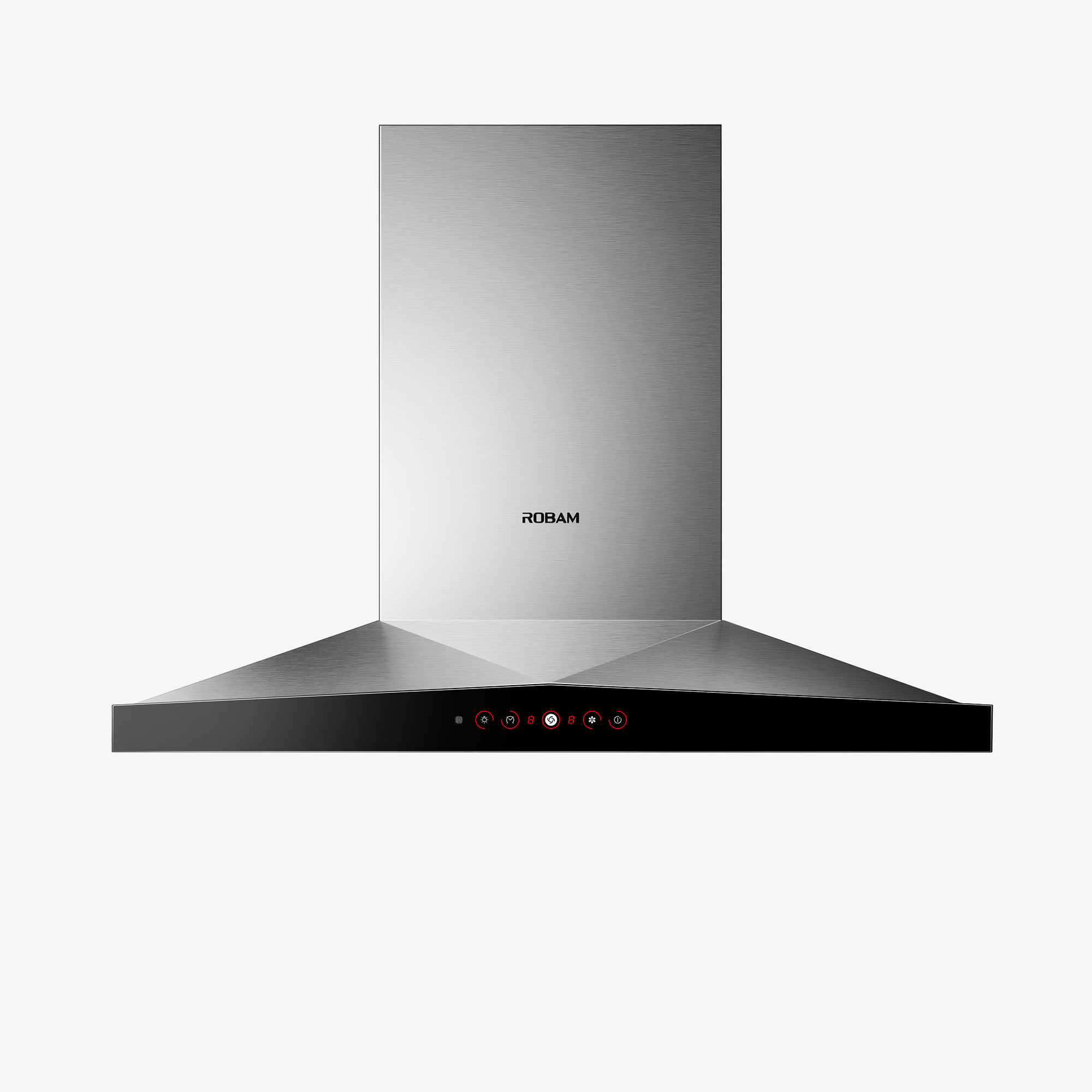 Stainless steel wall mount range hood with dark canopy and LED control panel, ROBAM logo