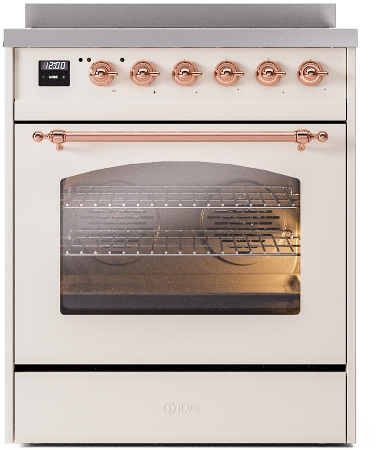 Freestanding induction range with open oven door, antique white body, copper control knobs