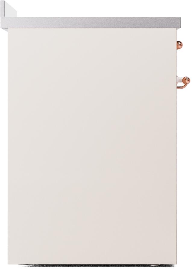 Antique white side panel of freestanding induction range with copper handle hardware