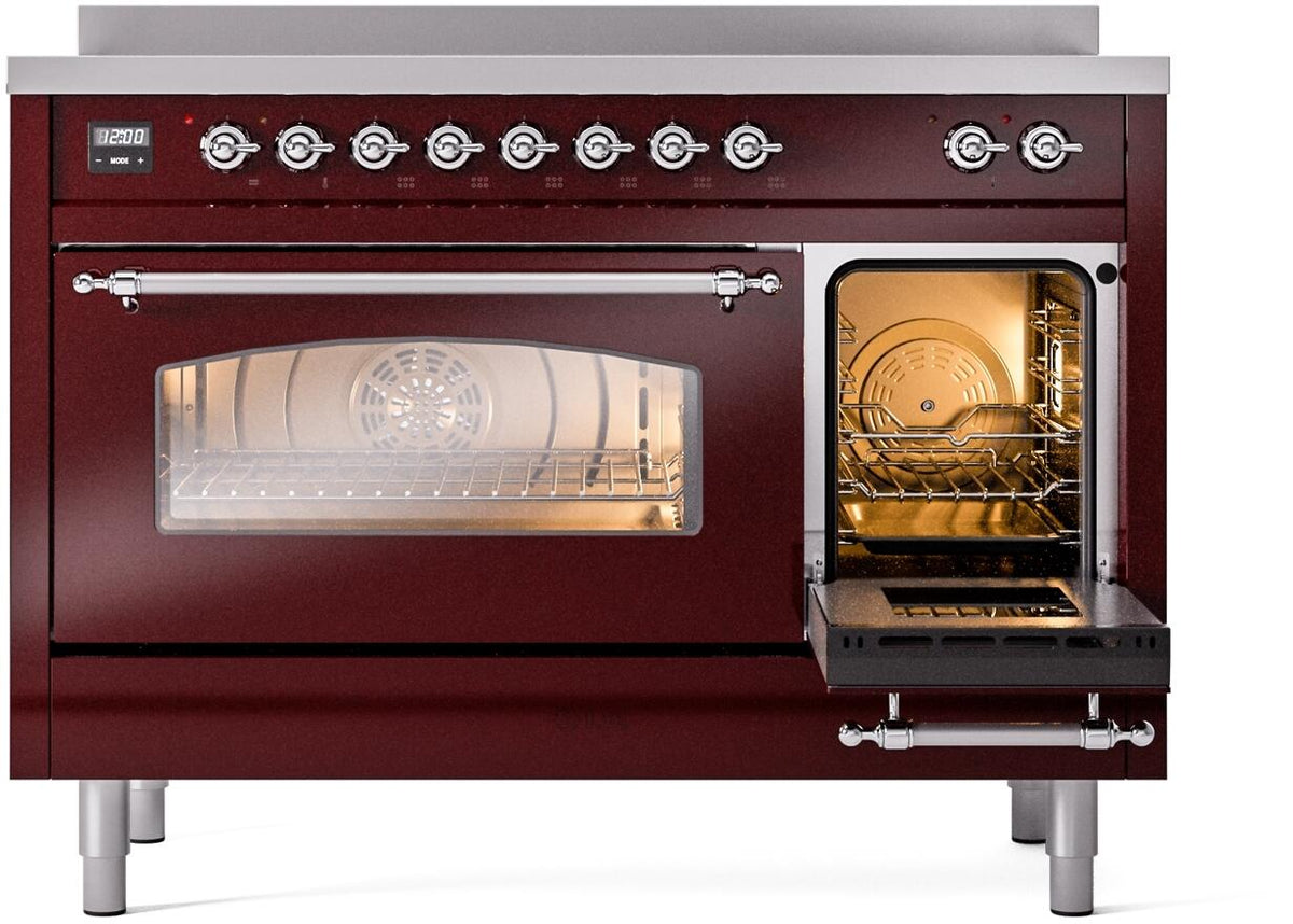 Burgundy freestanding electric induction range with chrome knobs and oven door open