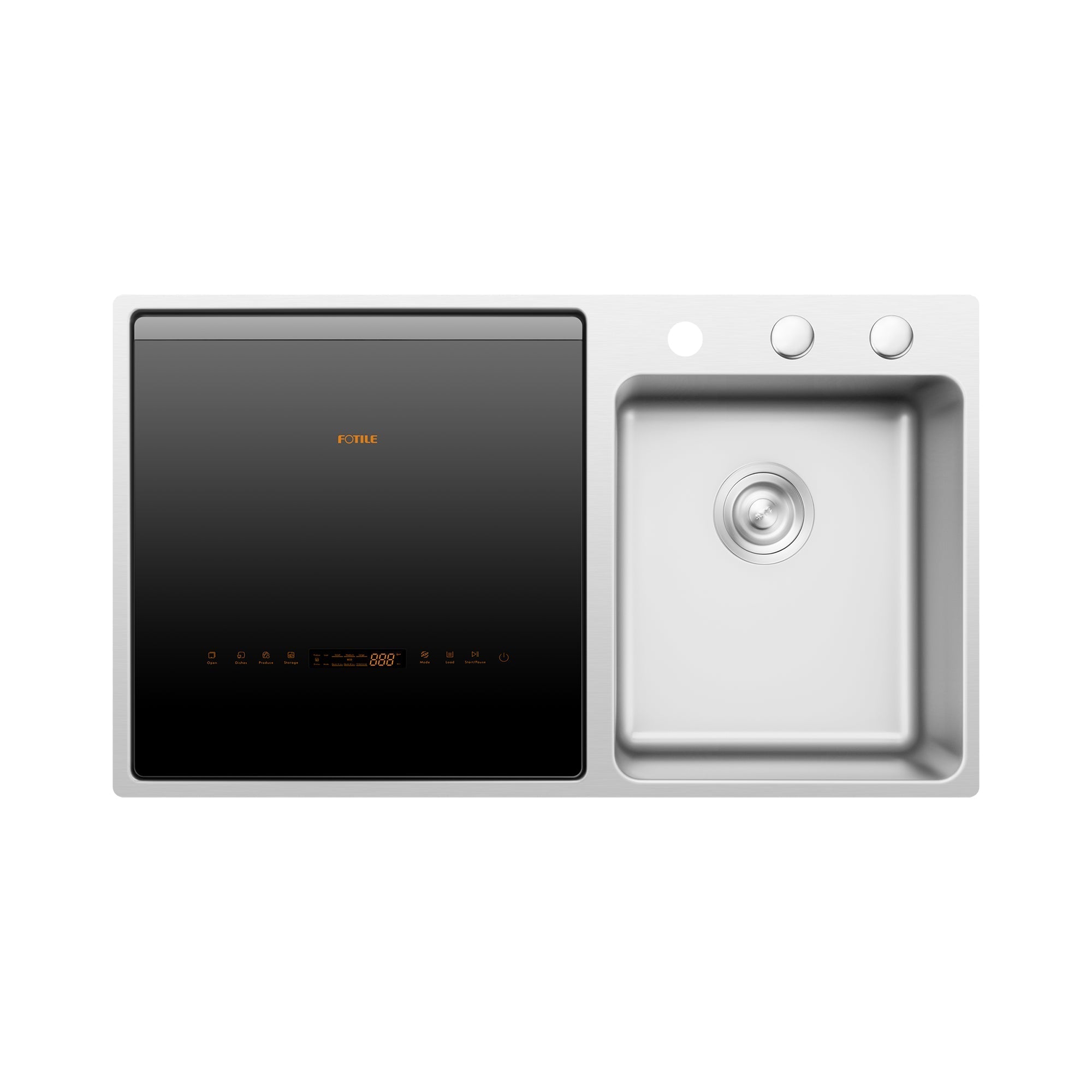 Fotile 3-in-1 in-sink dishwasher with dark display and right-side sink