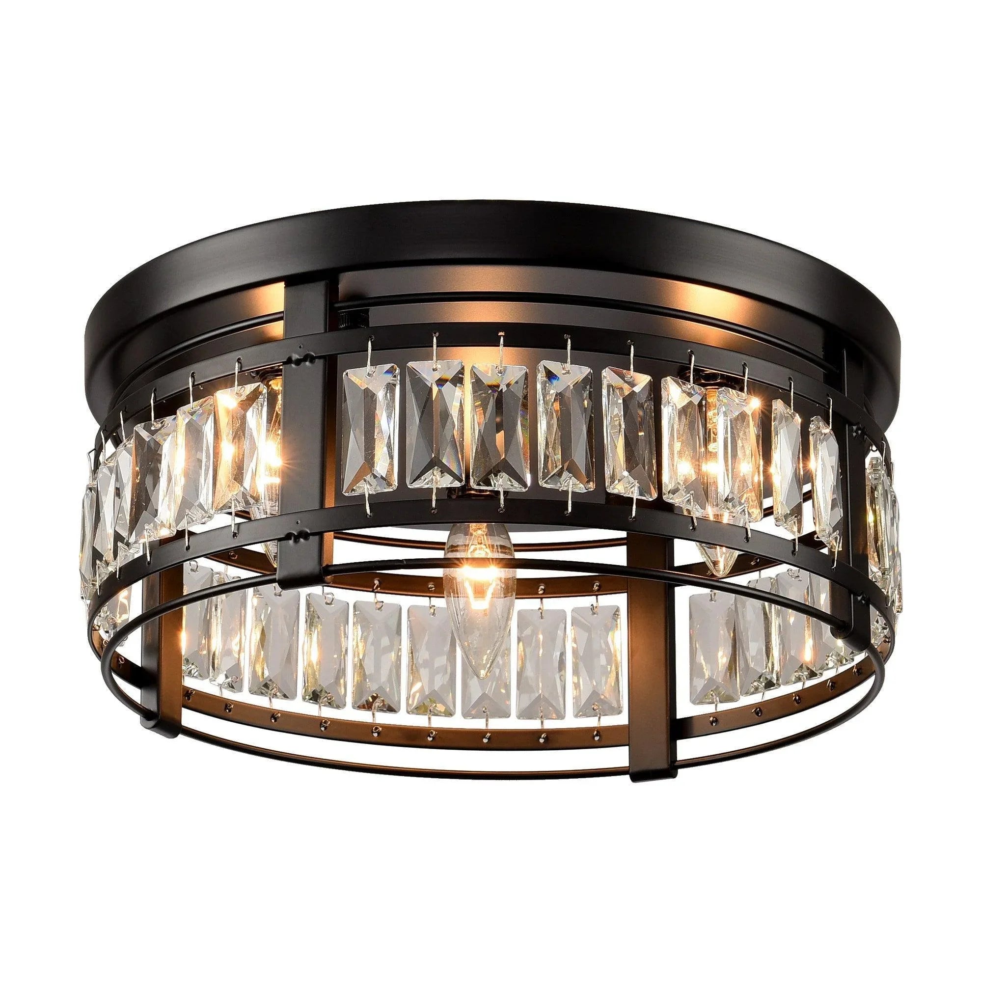 Black flush mount ceiling light with ring frame, clear crystal prisms, and three bulbs