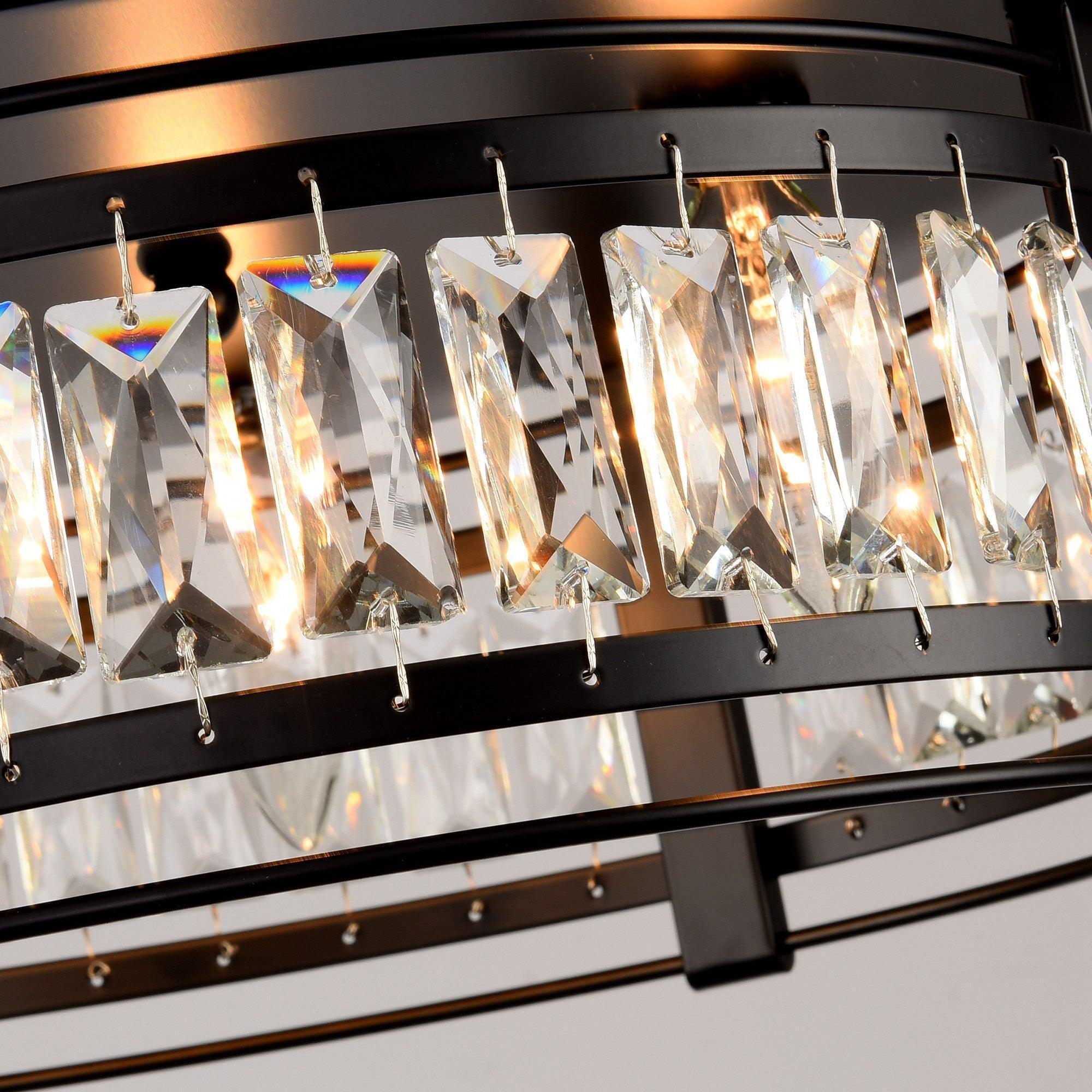 Close-up of clear crystal prism drops with exposed bulbs behind a black frame