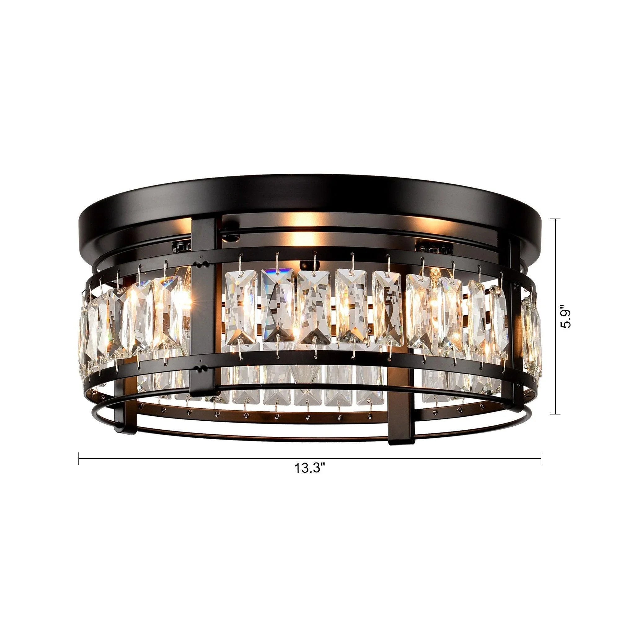 Black 3-light flush mount ceiling light with crystal prisms; 13.3 in width, 5.9 in height