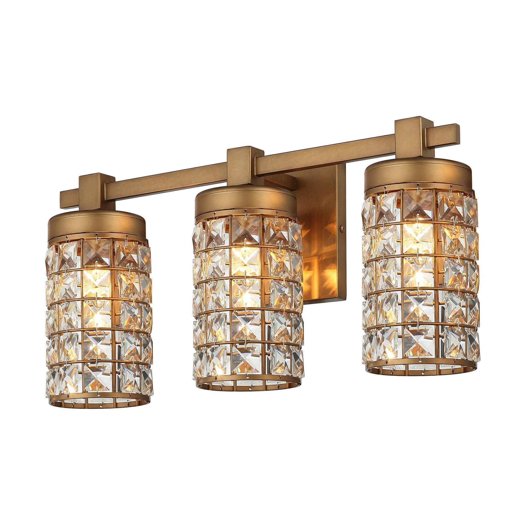 Golden 3-light vanity wall sconce with linear bar and three faceted crystal glass shades