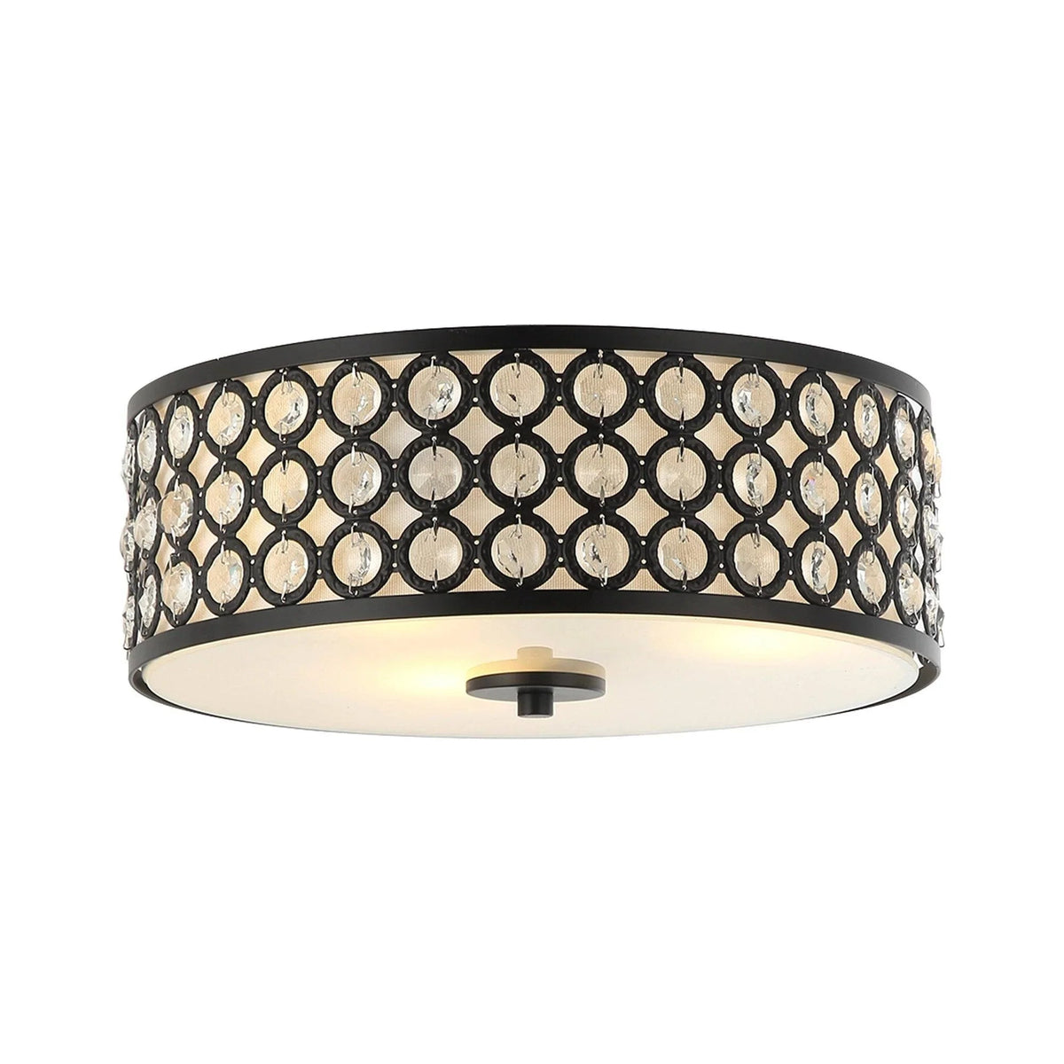 Black flush mount ceiling light with crystal ring shade and round frosted diffuser