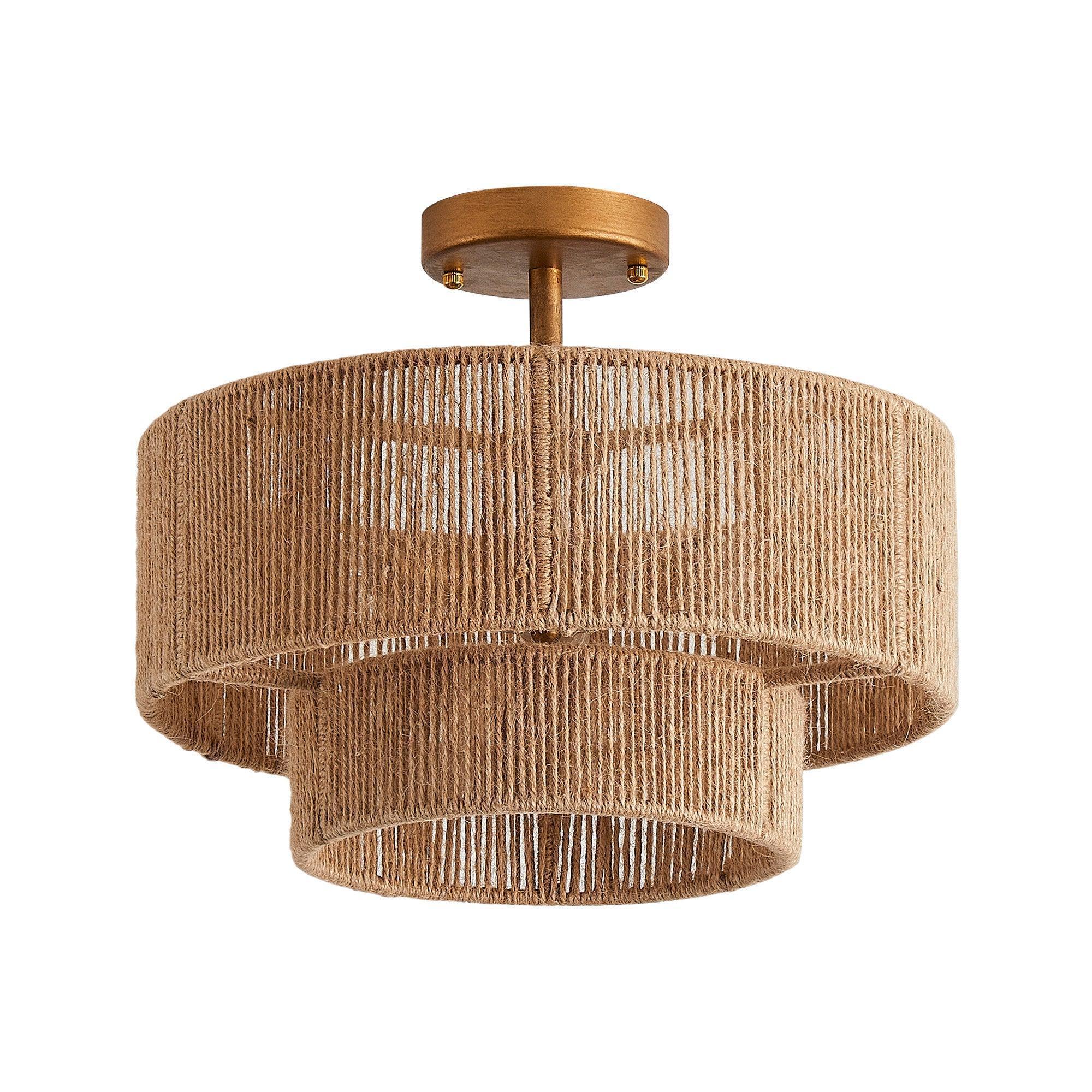 Golden woven drum flush mount light with layered shade bands and brass trim.