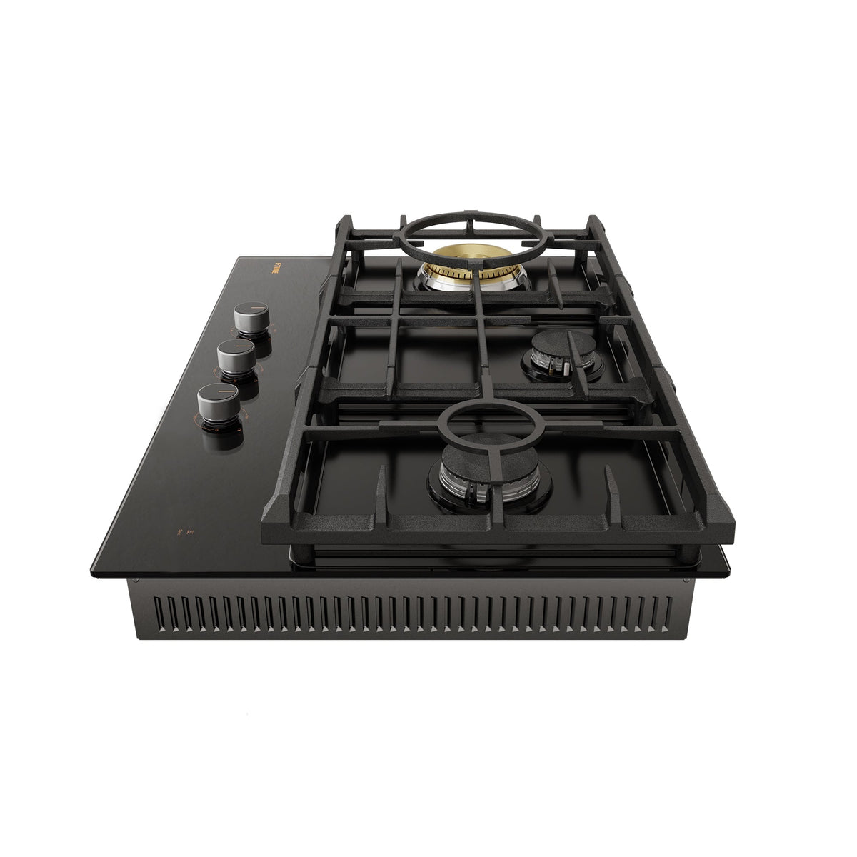 Fotile gas cooktop top view with three black burners and grates on tempered-glass surface