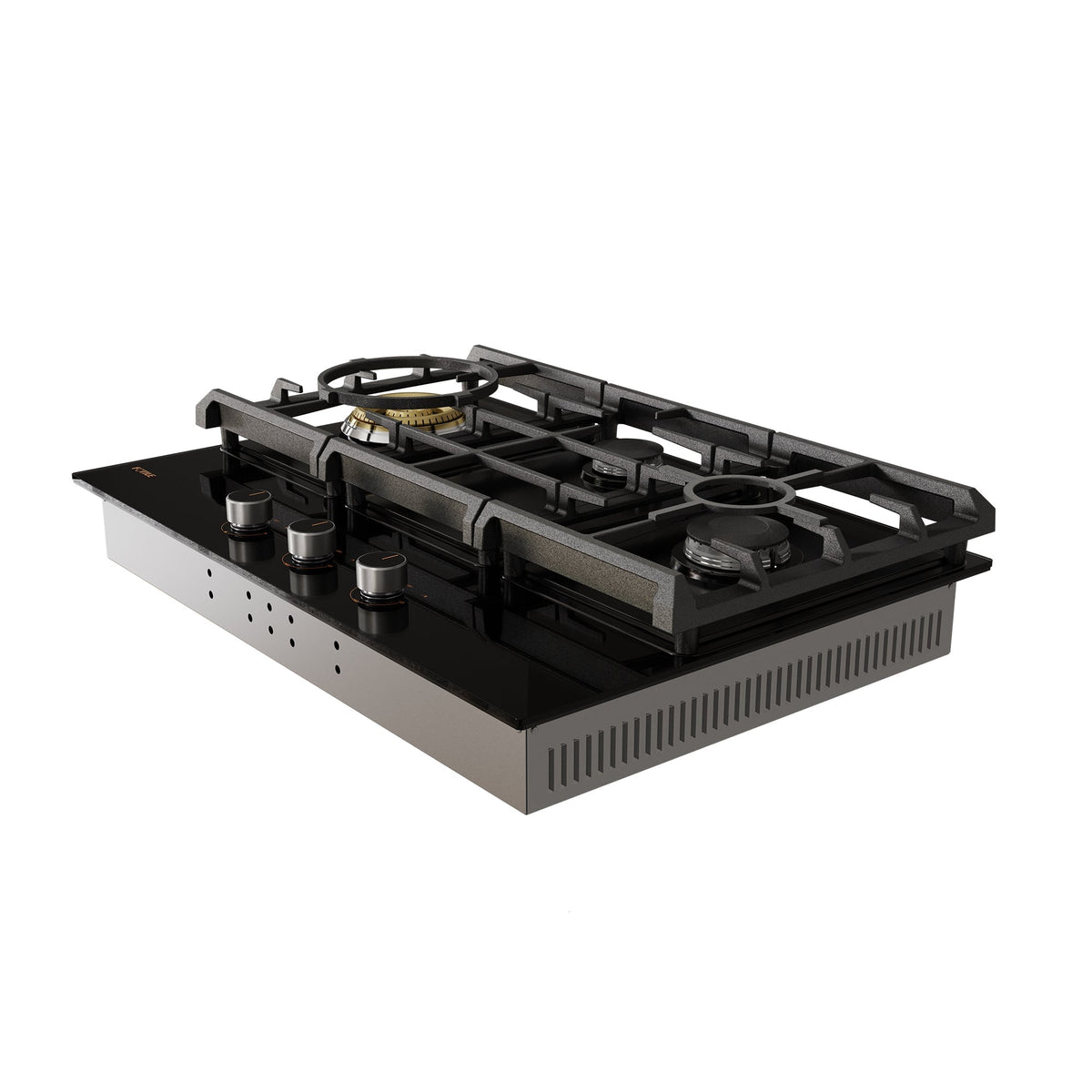 Fotile gas cooktop with raised black grates and three burner openings on tempered-glass top