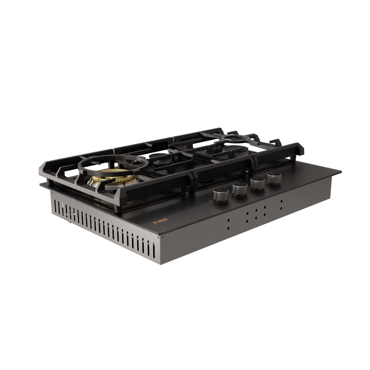 Black gas cooktop with cast-iron grates, four burners, and control knobs on the front edge.