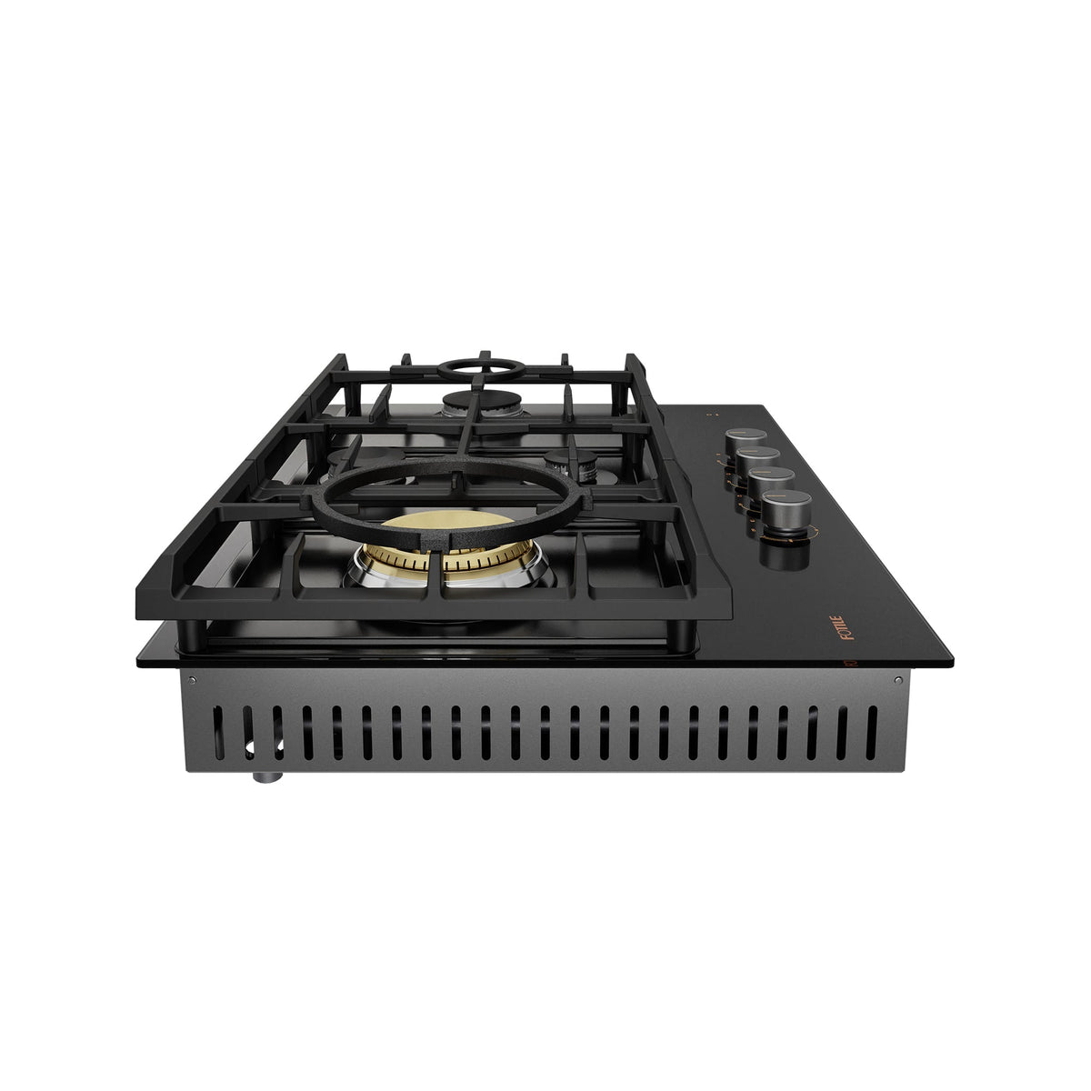 Black gas cooktop top view with cast-iron grates and four burners; vented front panel.