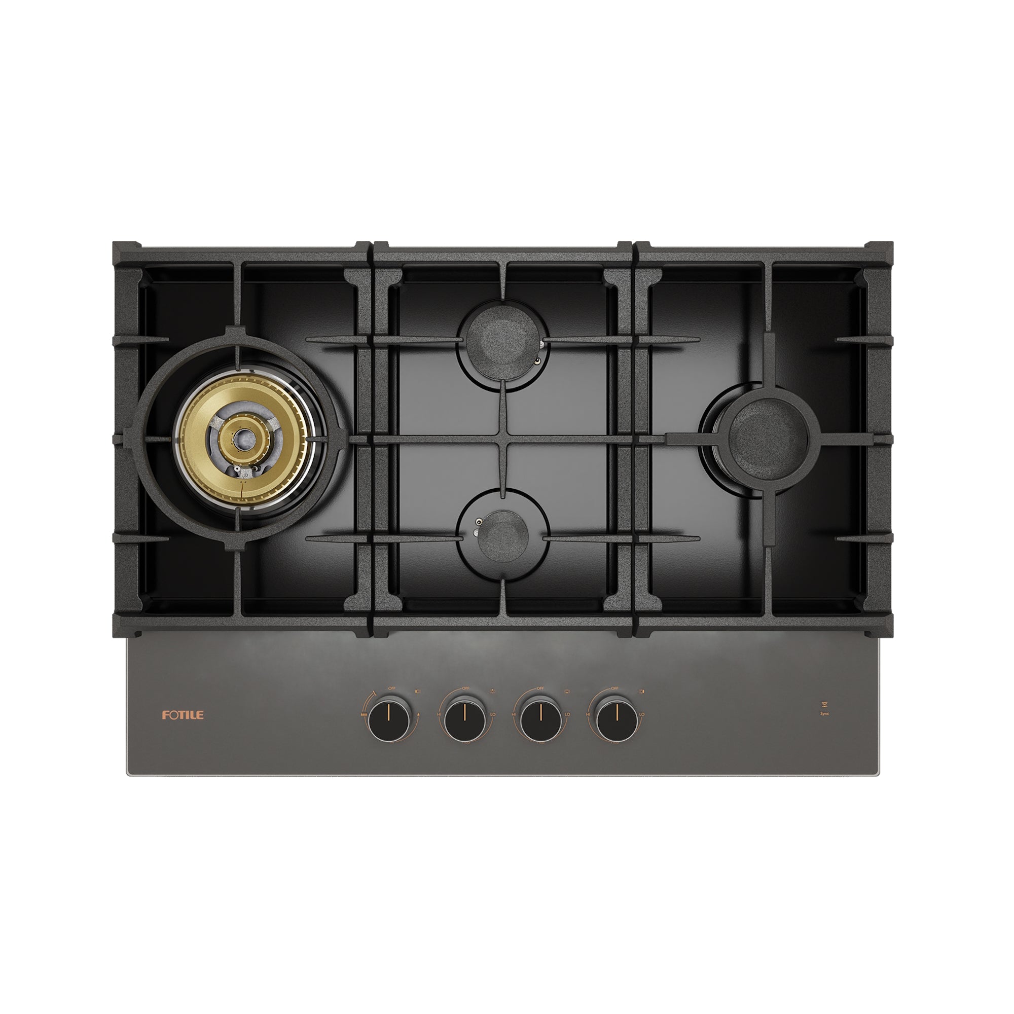Black gas cooktop with cast-iron grates, four knobs, and tri-ring burner centered left.