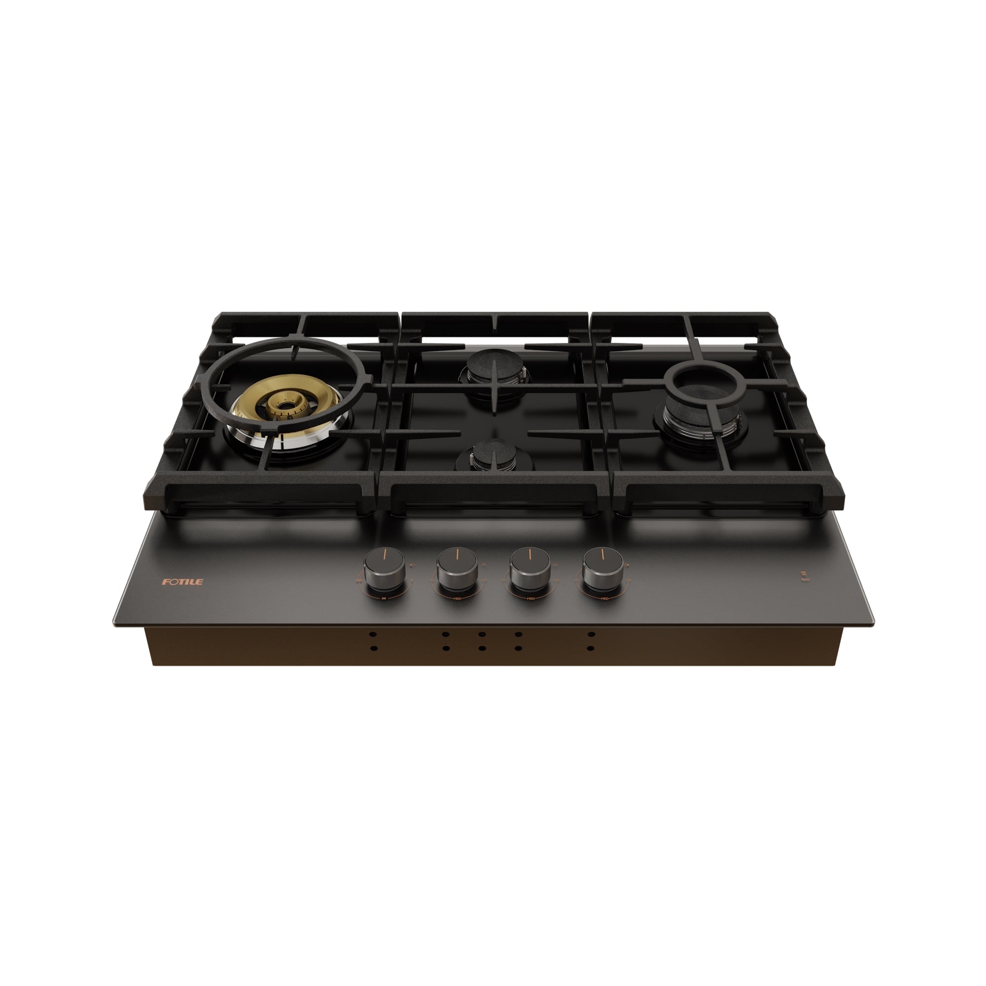 Black gas cooktop top view with cast-iron grates and four control knobs beneath.