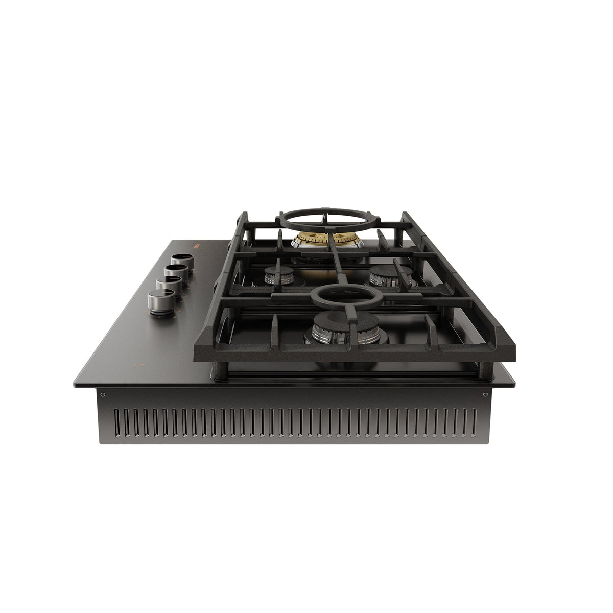 Black gas cooktop angled view showing cast-iron grates and four burners on a vented base.