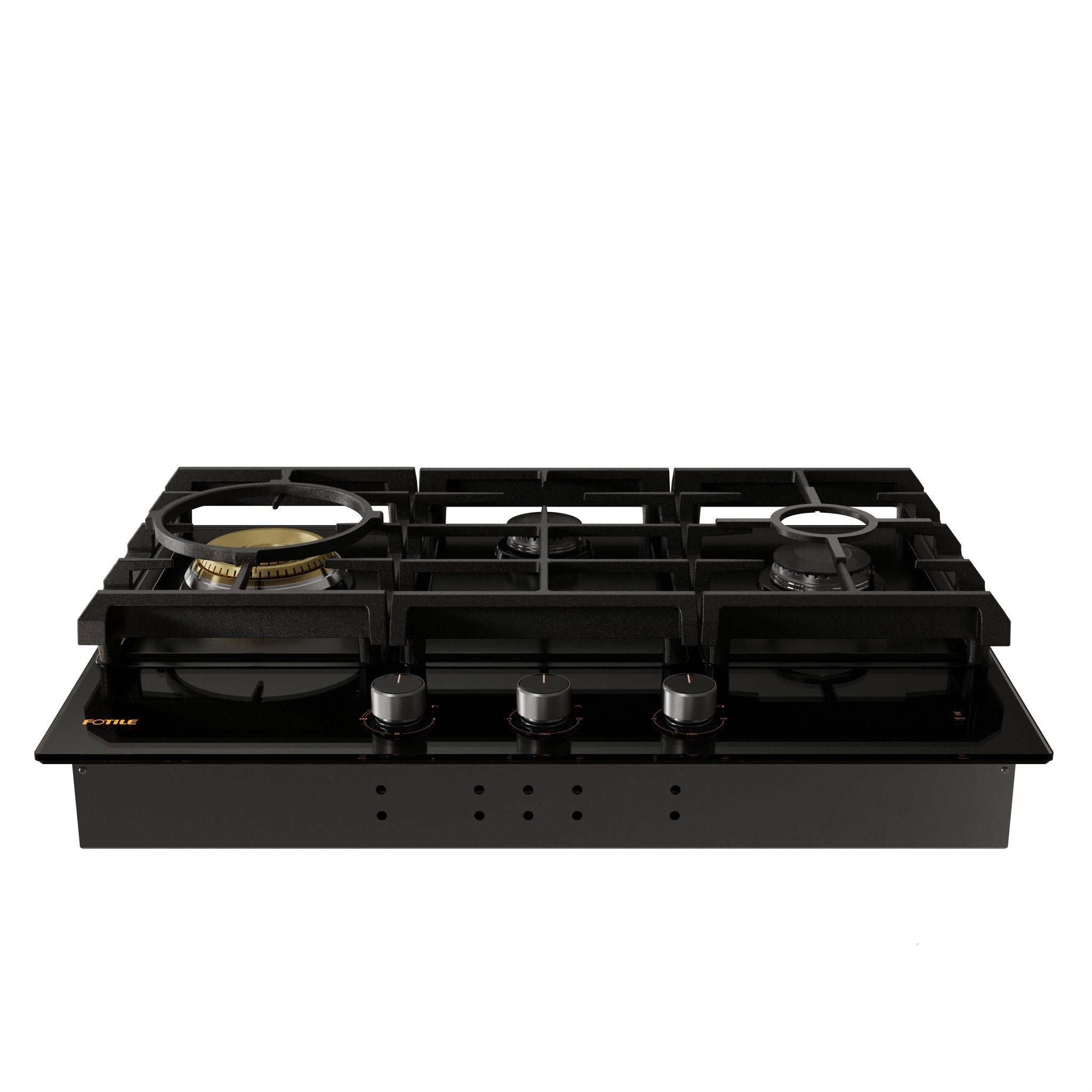 Fotile gas cooktop showing black burner grates, three controls, and front ventilation slots