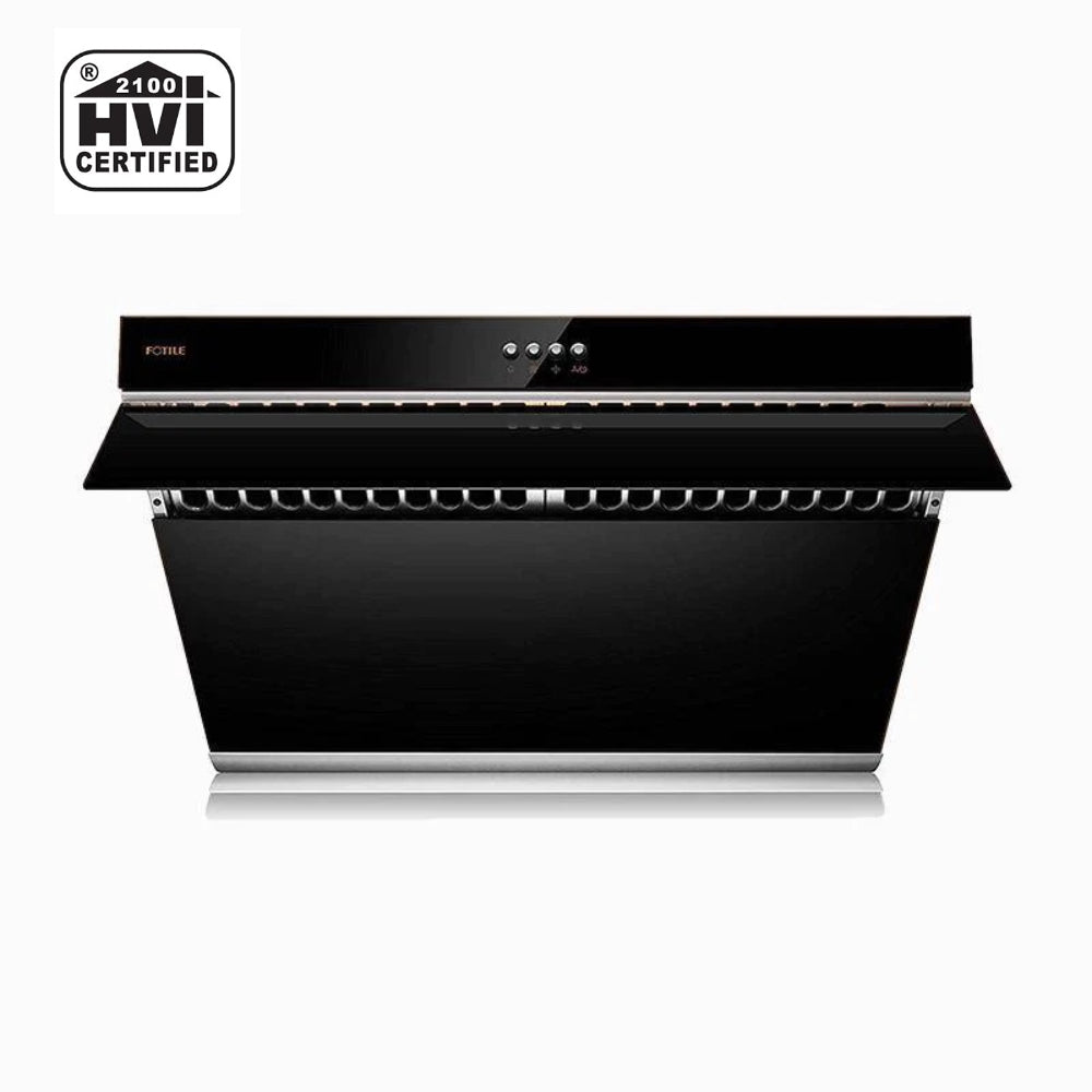 Onyx black tempered glass slant range hood with push buttons and 2 LED lights