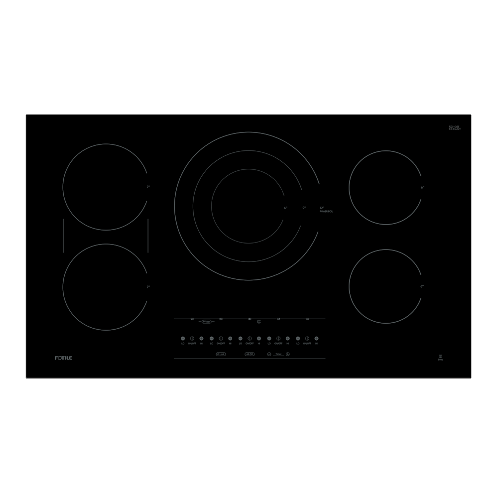 Fotile 36-Inch InstantHeat Series Built-In Electric Radiant Cooktop with 5 Heating Zones, 3,600W Tri-Ring Burner, Bridge Elements, 9 Power Levels in SCHOTT CERAN Black Ceramic Glass (EEG36511)