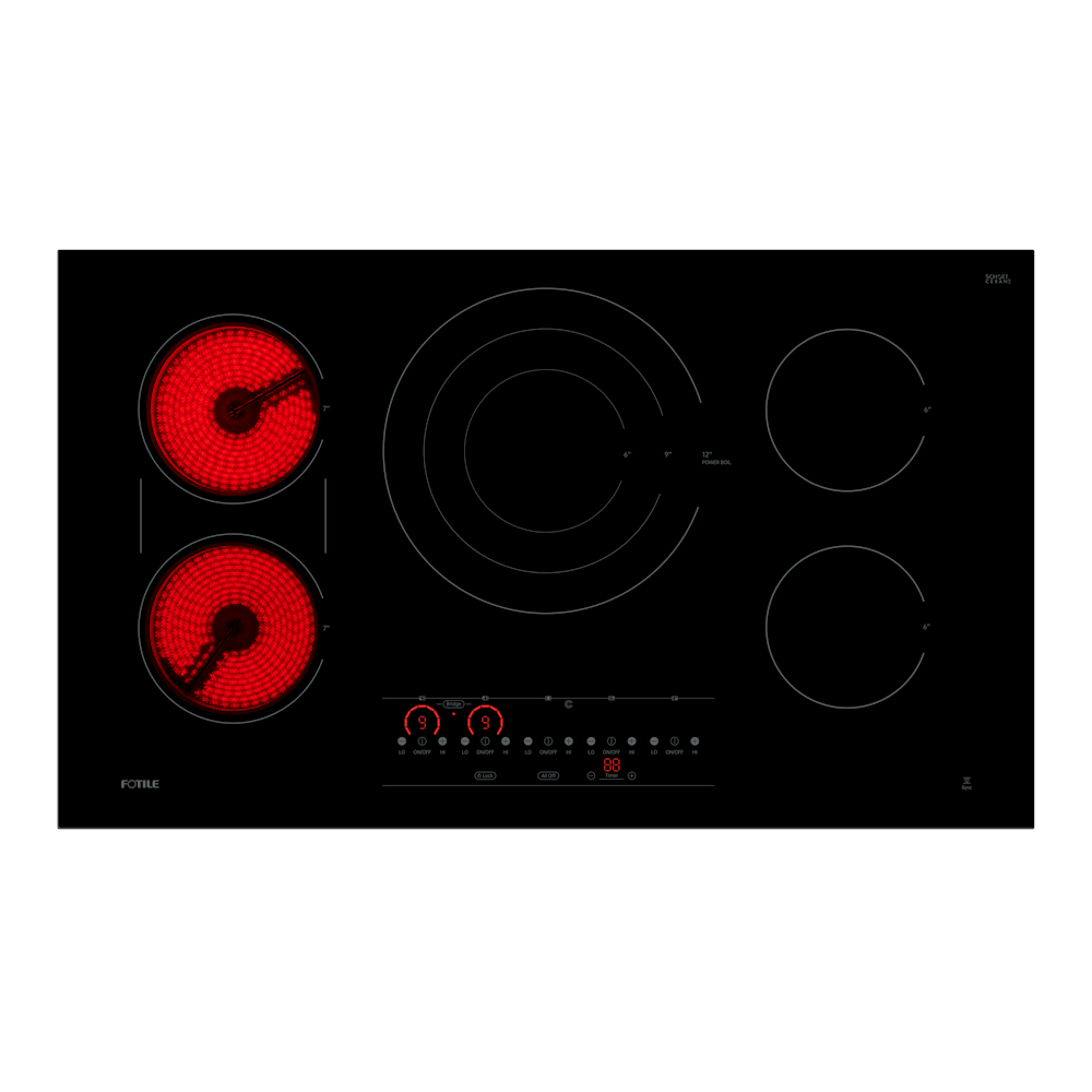 Fotile 36-Inch InstantHeat Series Built-In Electric Radiant Cooktop with 5 Heating Zones, 3,600W Tri-Ring Burner, Bridge Elements, 9 Power Levels in SCHOTT CERAN Black Ceramic Glass (EEG36511)
