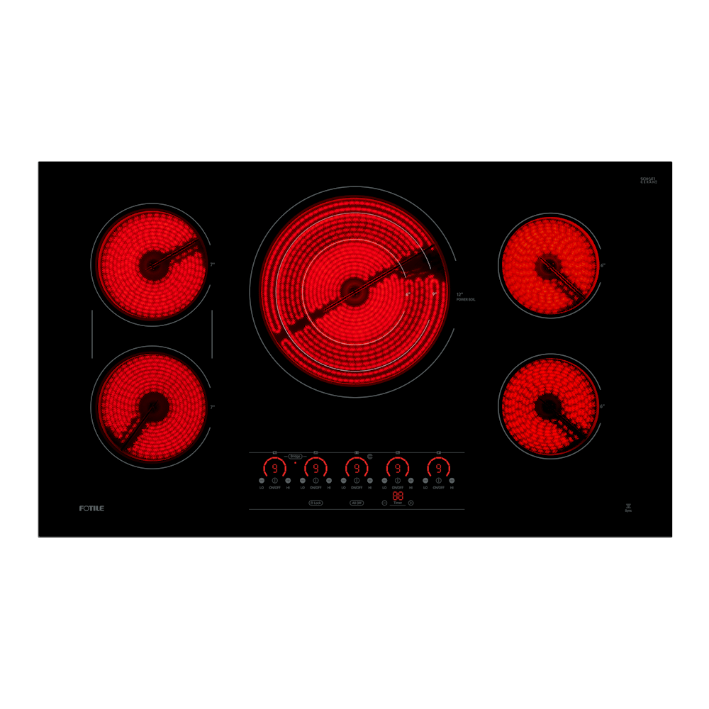 Fotile 36-Inch InstantHeat Series Built-In Electric Radiant Cooktop with 5 Heating Zones, 3,600W Tri-Ring Burner, Bridge Elements, 9 Power Levels in SCHOTT CERAN Black Ceramic Glass (EEG36511)