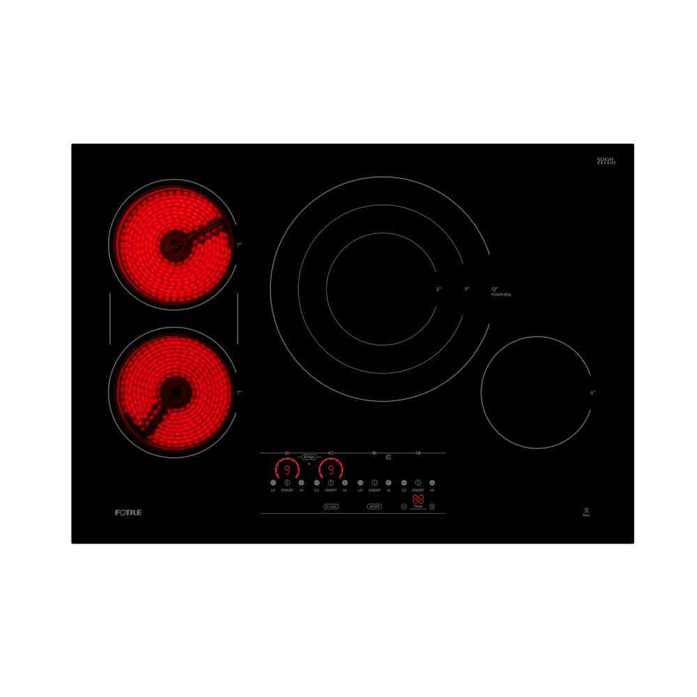 Fotile 30-Inch InstantHeat Series Built-In Electric Radiant Cooktop with 4 Heating Zones, 3,600W Tri-Ring Burner, Bridge Elements, 9 Power Levels, and SynCook Range Hood Sync in SCHOTT CERAN Black Ceramic Glass (EEG30411)