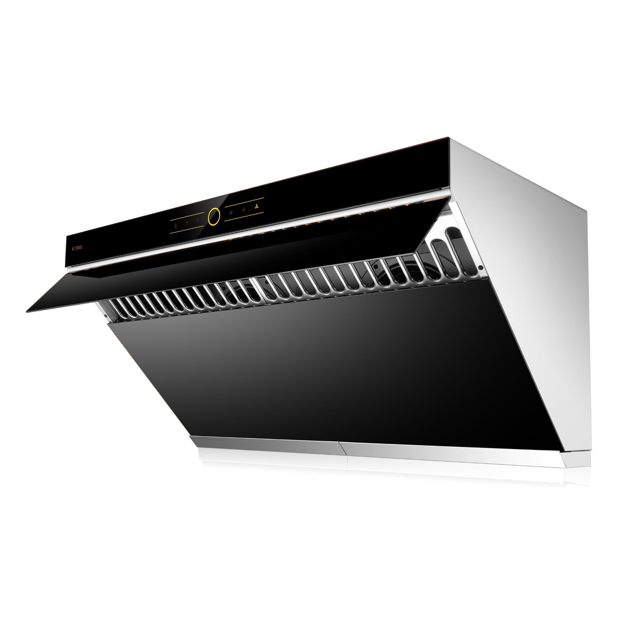 Slant under-cabinet range hood with black glass canopy and stainless side panels