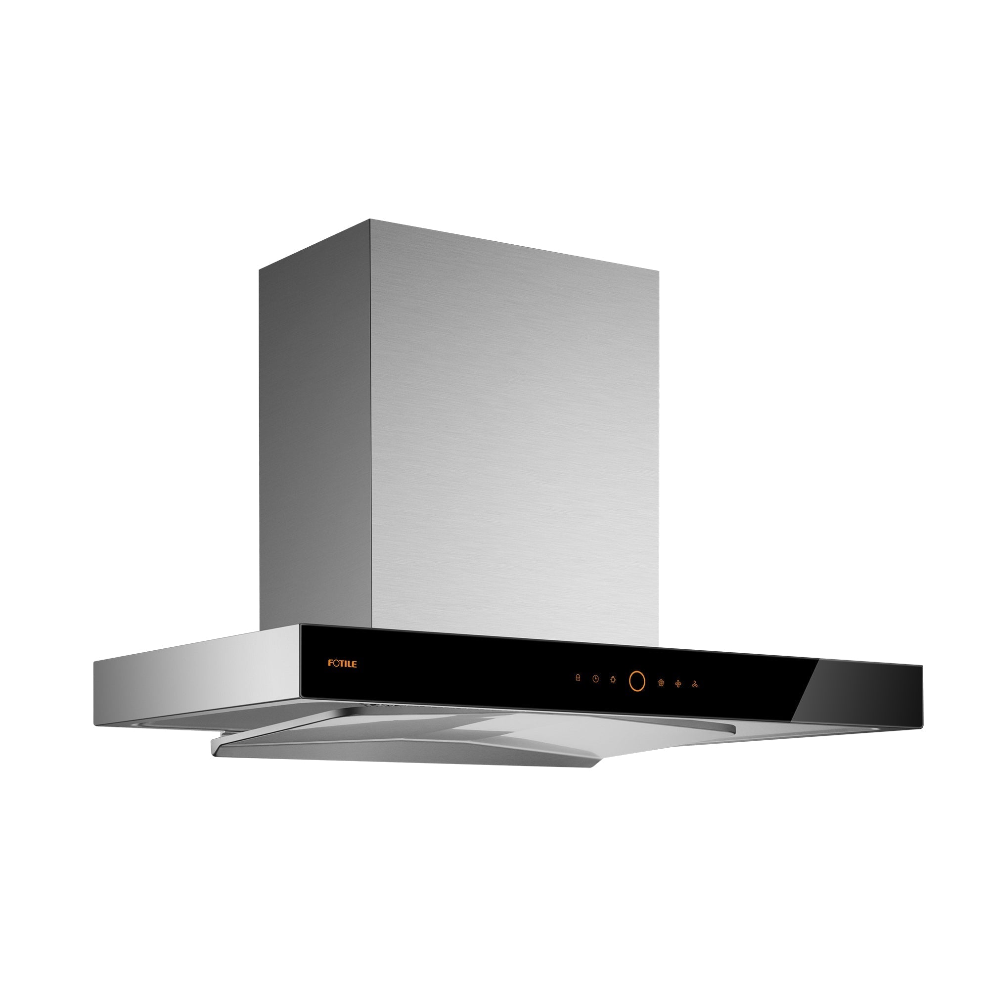 Stainless steel wall-mount range hood with chimney and curved black canopy, angled view