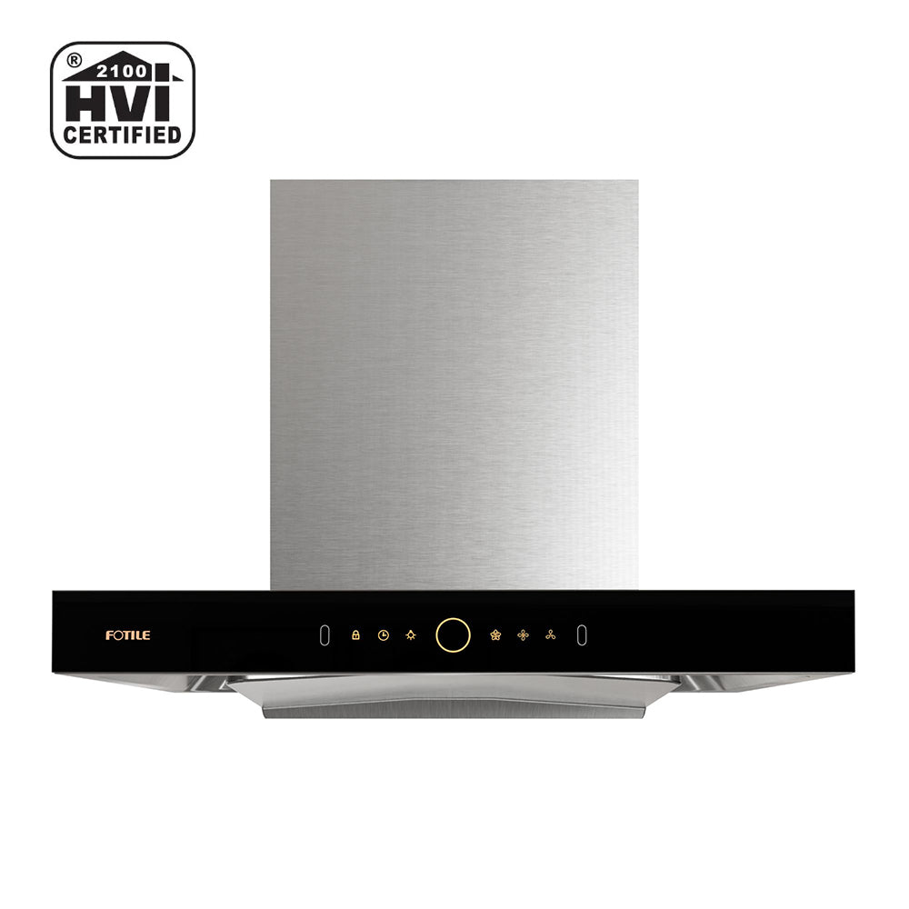 Stainless wall mount range hood with black front panel, touch icons, and chimney cover