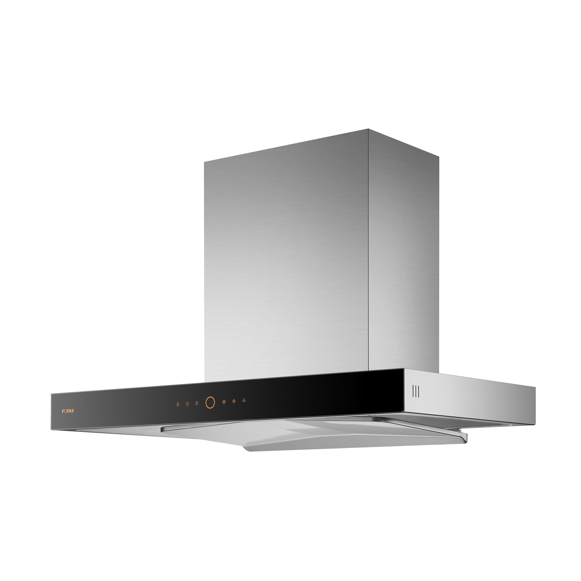 Stainless steel and black wall-mount range hood with chimney and angled front canopy
