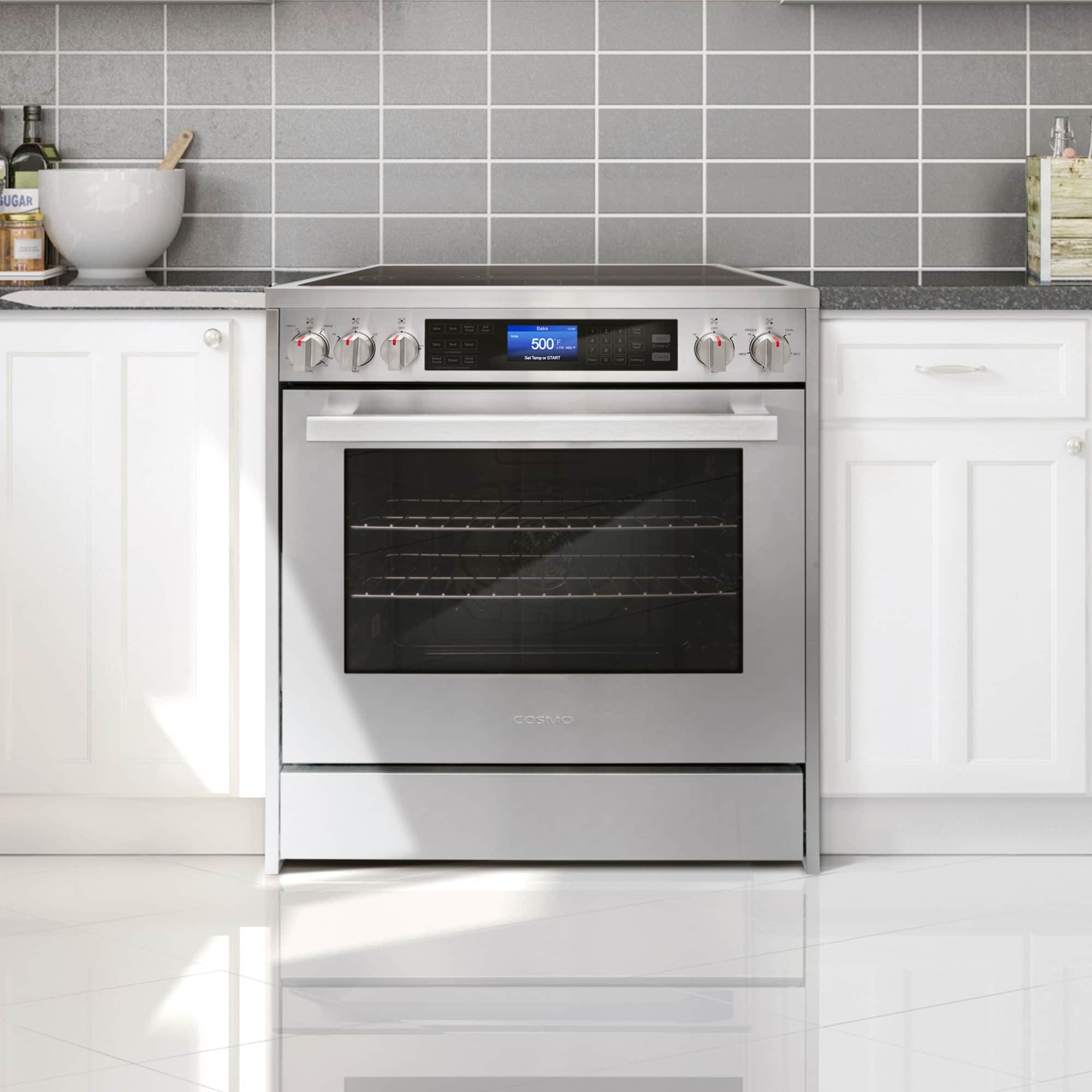 Built-in style stainless steel electric range with oven door and five burner cooktop
