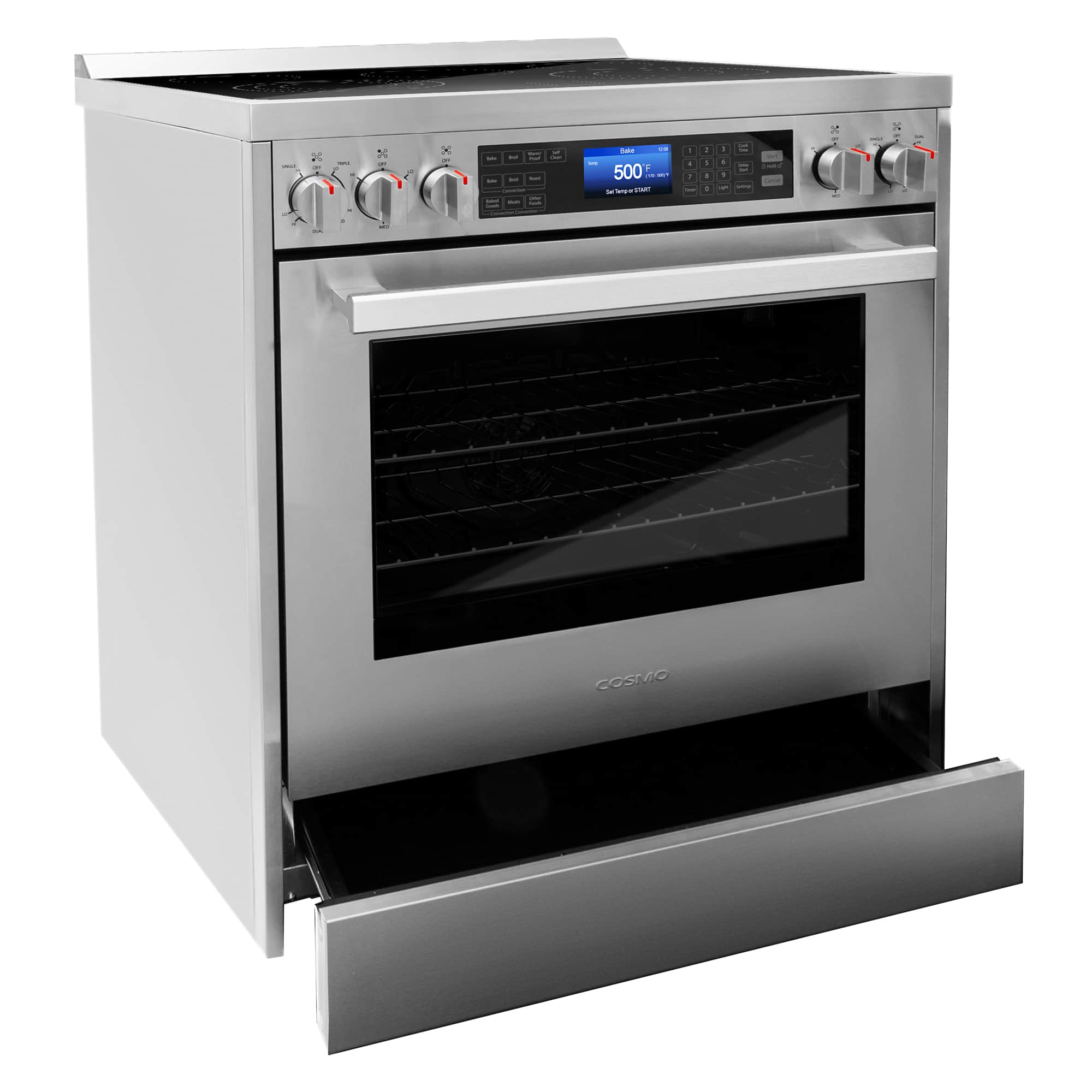 Stainless steel electric range with oven door and open storage drawer