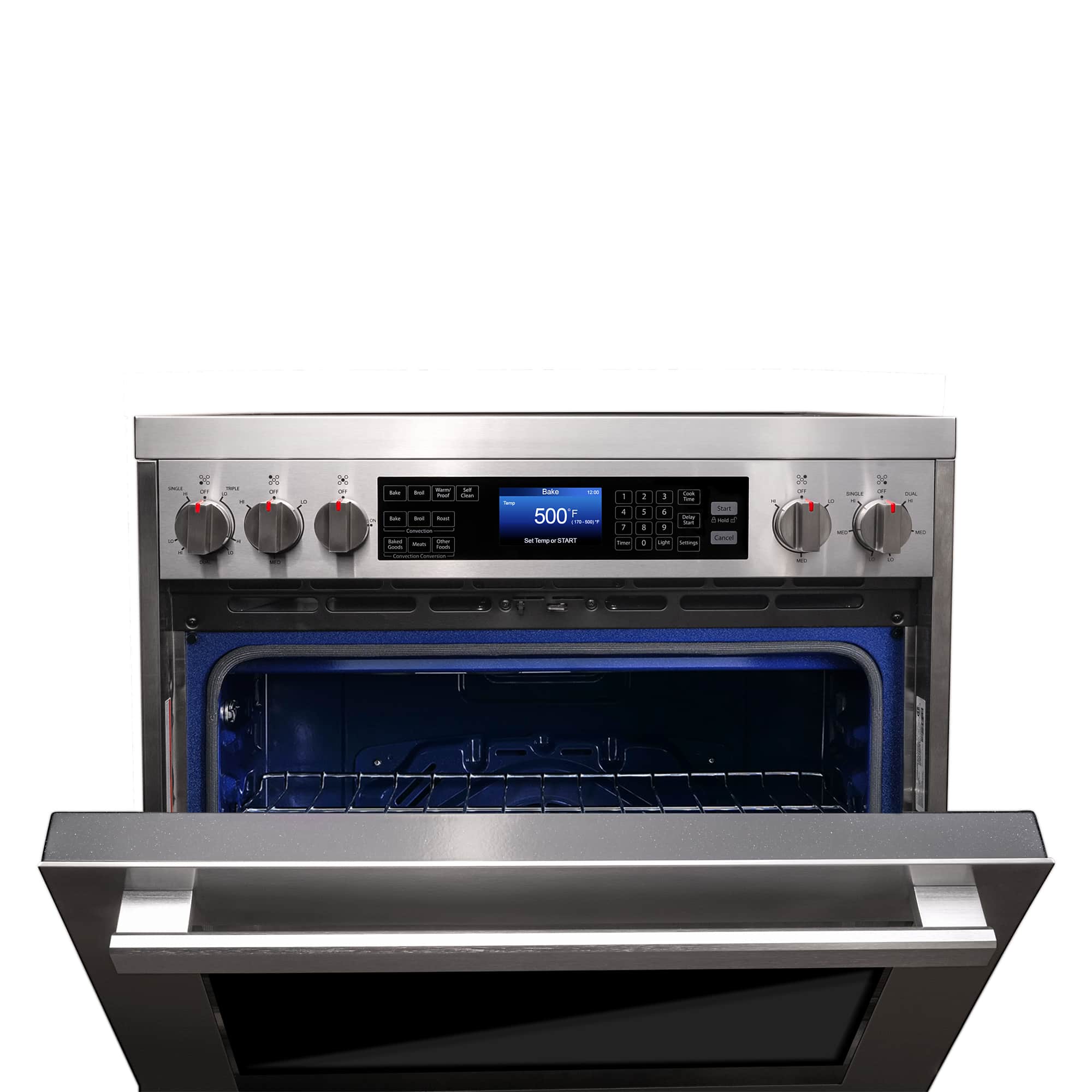 Stainless steel oven with open door and illuminated interior