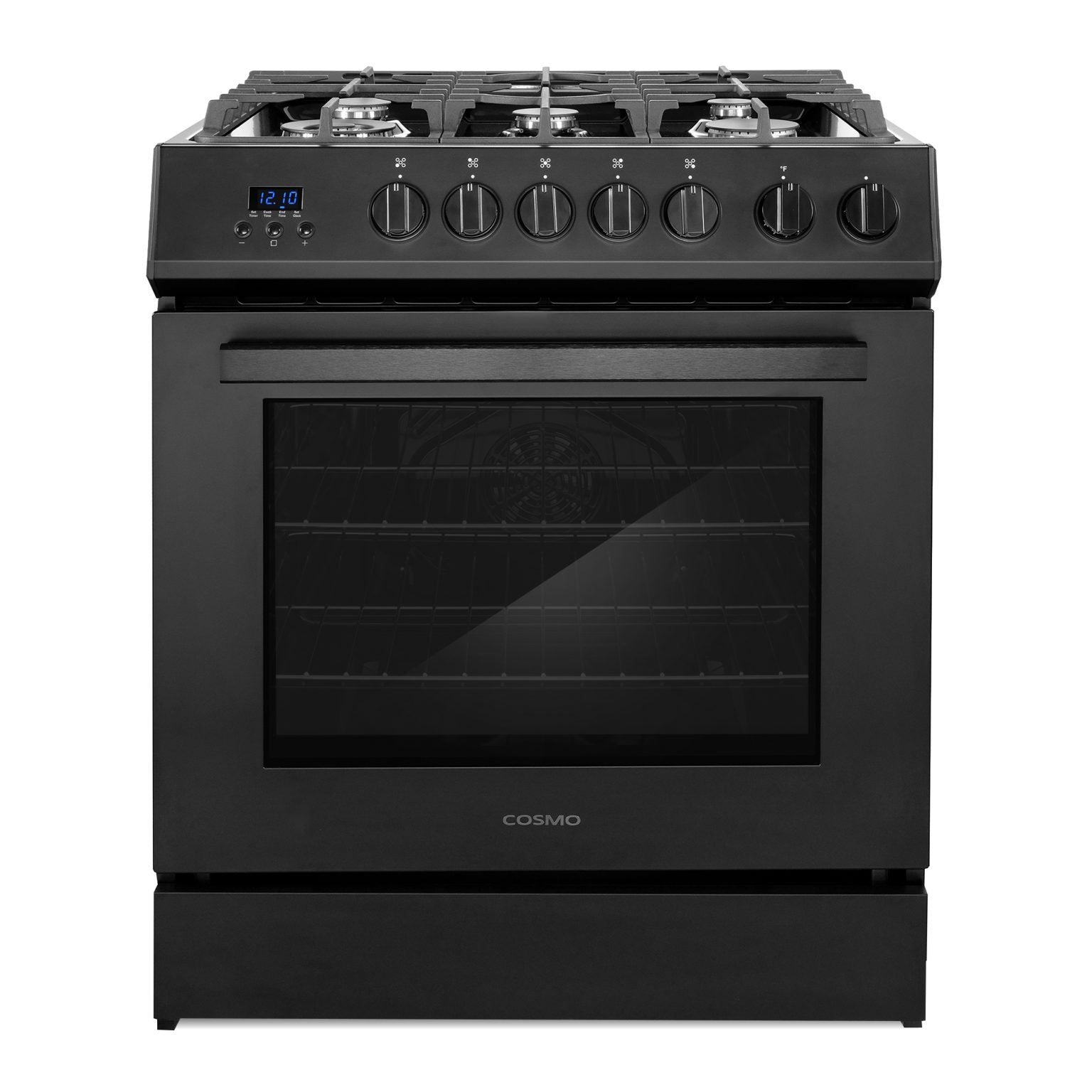 Matte black 30-inch gas range front view with five burners and control knobs