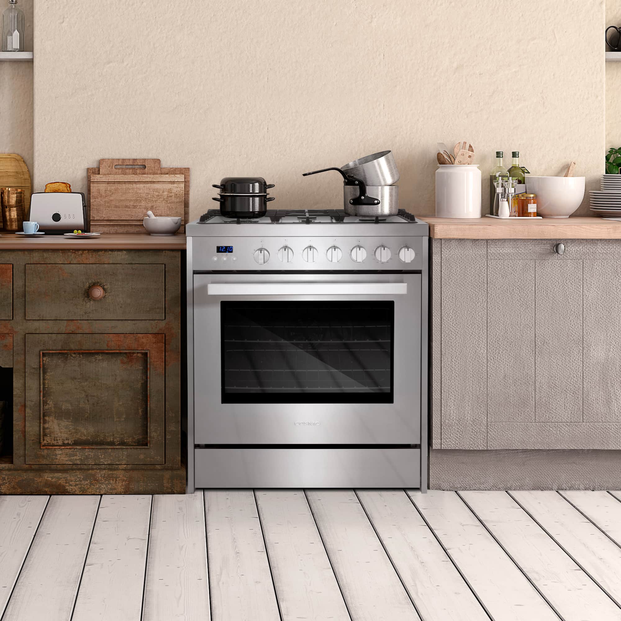 Stainless steel gas range with burner grates and oven door