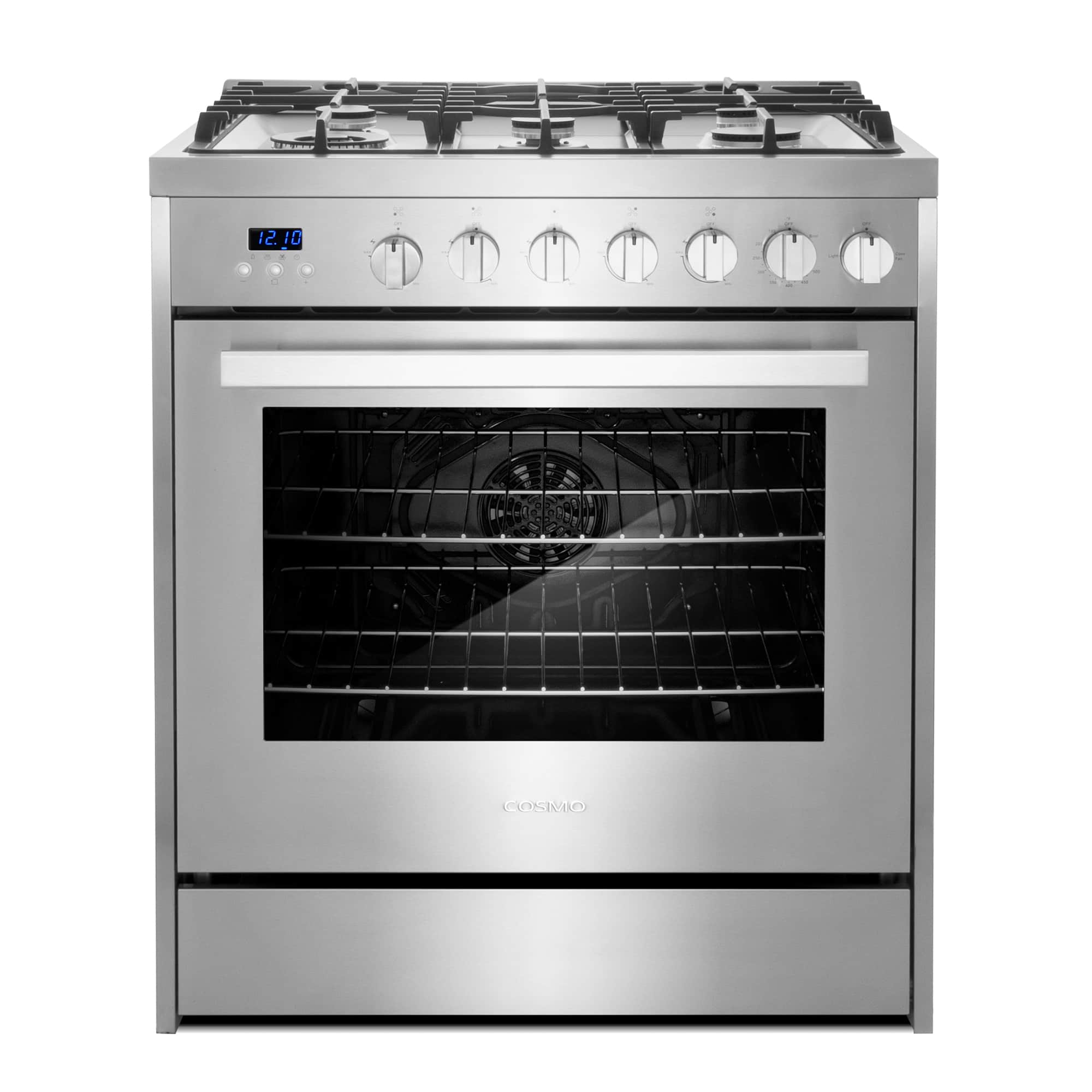 Stainless steel gas range with oven door and control knobs