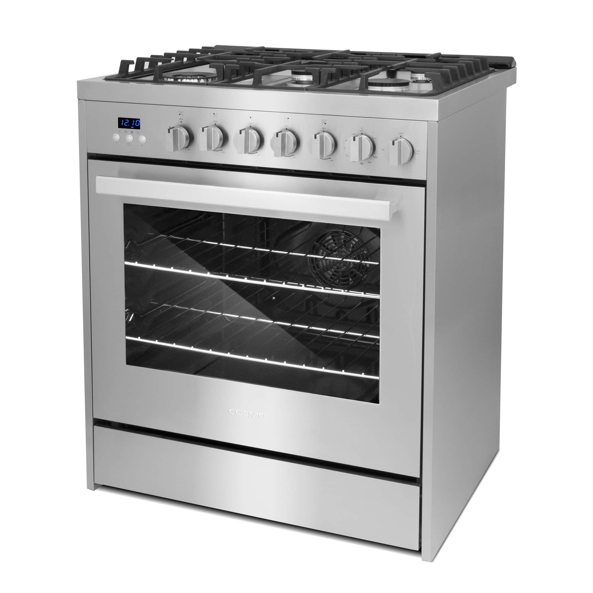 Stainless steel gas range with control knobs, oven window, and burner grates