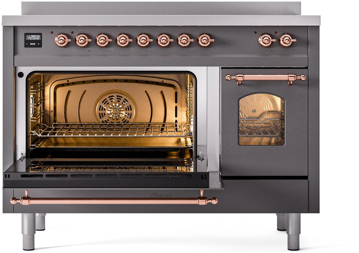 Freestanding electric induction range left oven open with racks, copper handle, graphite body