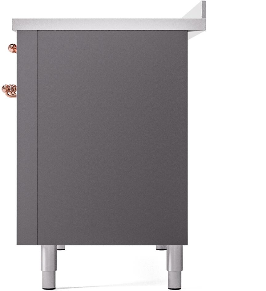 Freestanding electric induction range rear side panel in matte graphite with copper knob edge