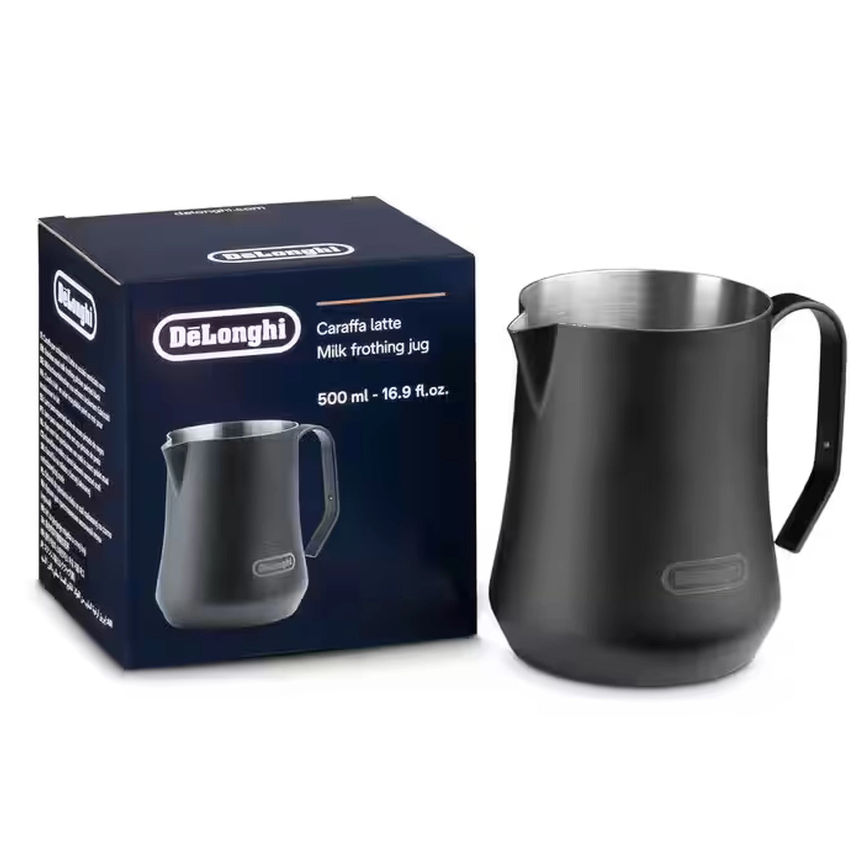 Black 500ml milk frothing jug with curved handle and pour spout, stainless steel interior