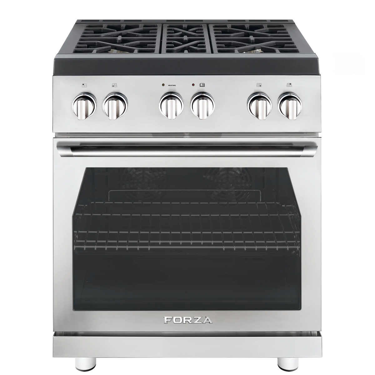 Stainless steel 30-inch gas range with black glass oven door and control knobs