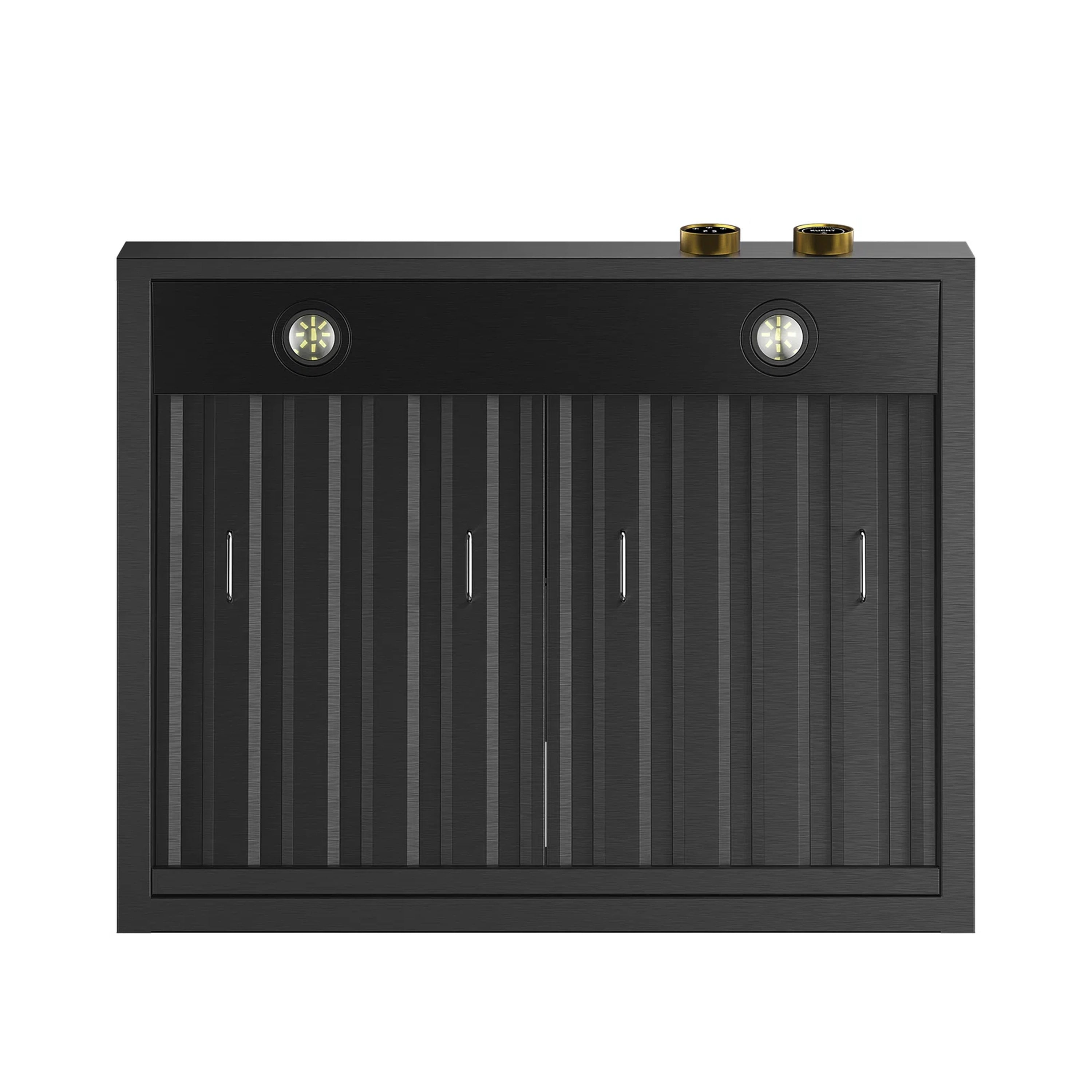 Under-cabinet range hood front view with dark baffle filters and gold control details