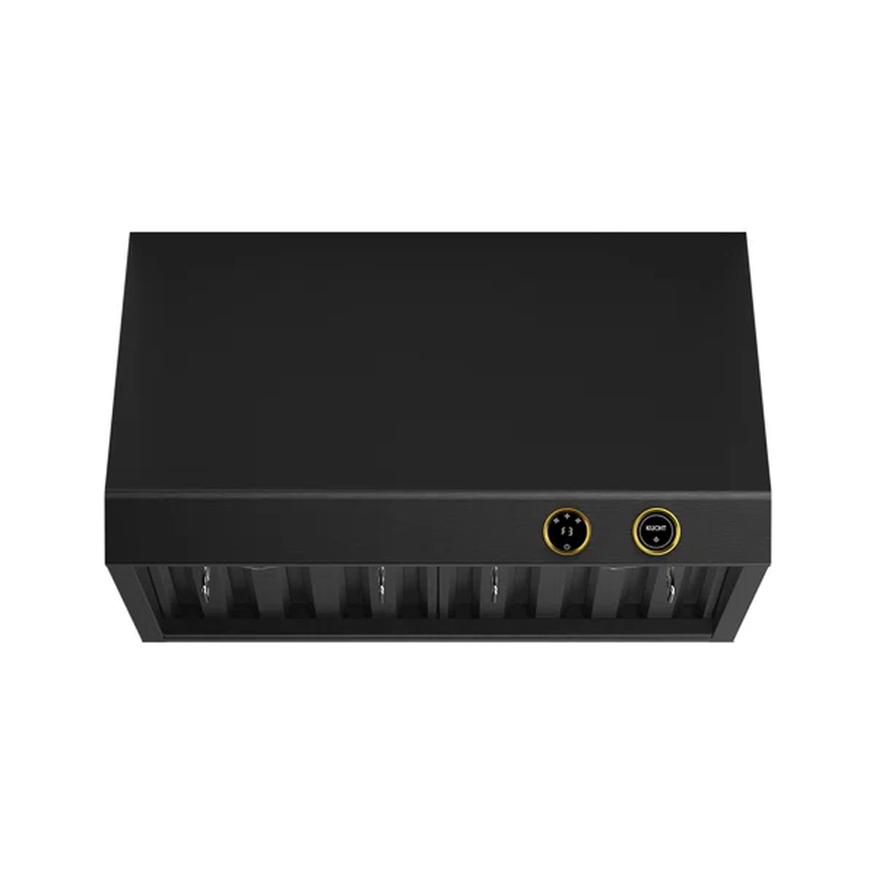 Under-cabinet range hood top and front edge with gold control icons