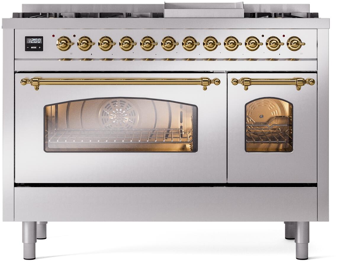 Stainless dual-fuel freestanding range with brass knobs and two oven doors